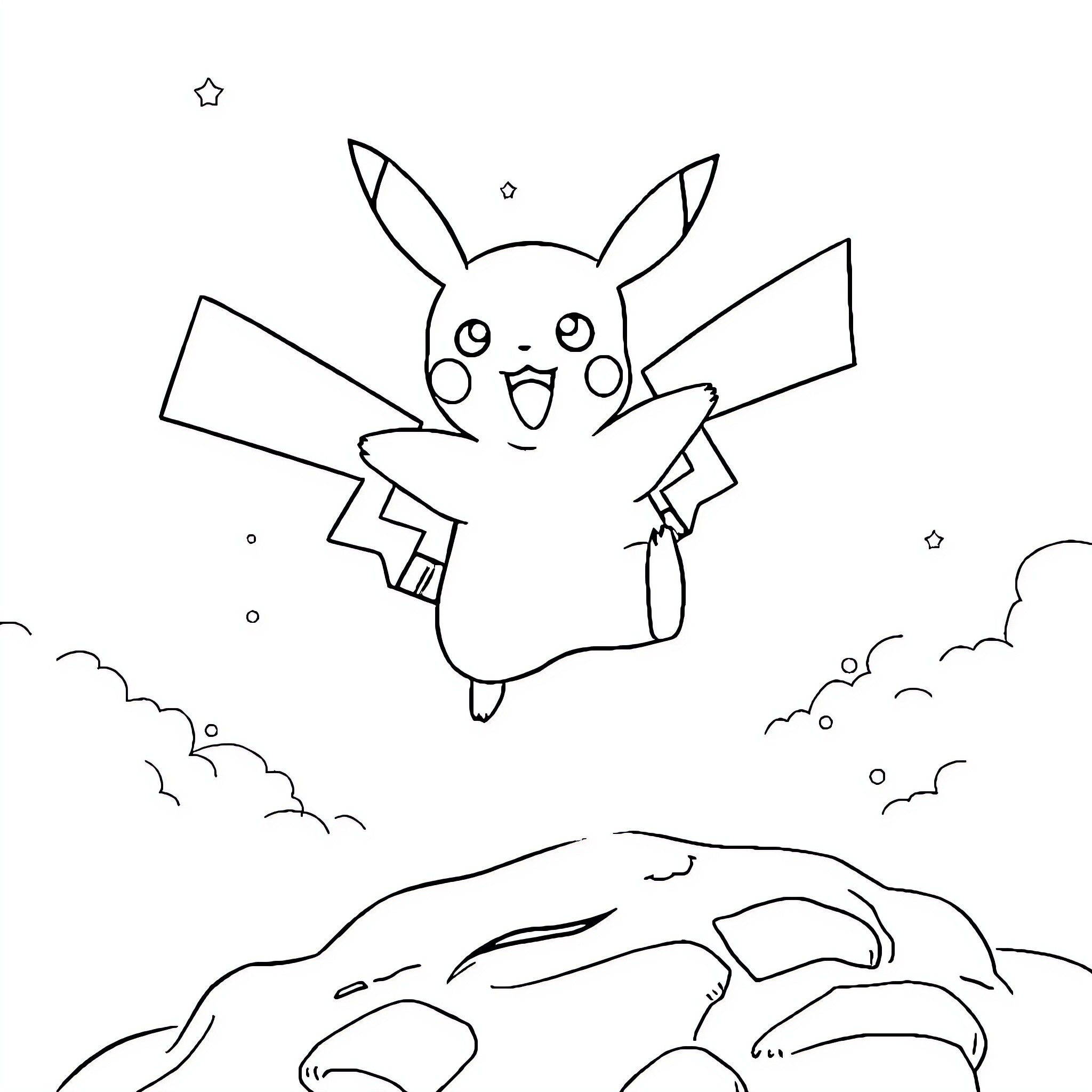 Pikachu happily jumping in the sky Coloring Page (free black-and-white line drawing printable PDF for all, from beginners to advanced learners, including children, teens, adults, and seniors)