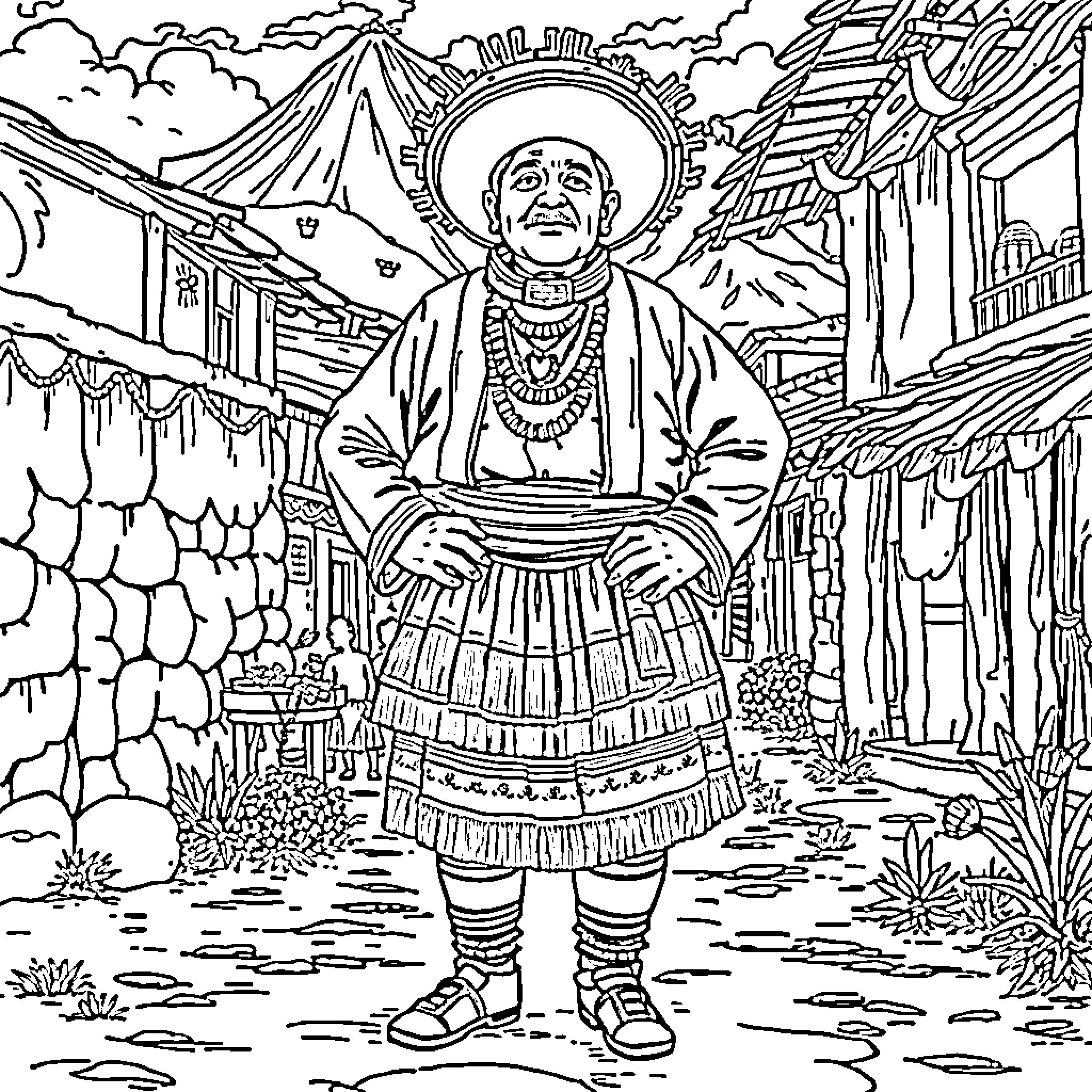 Rudo - Indigenous Woman in Traditional Dress Coloring Page (free black-and-white line drawing printable PDF for all, from beginners to advanced learners, including children, teens, adults, and seniors)