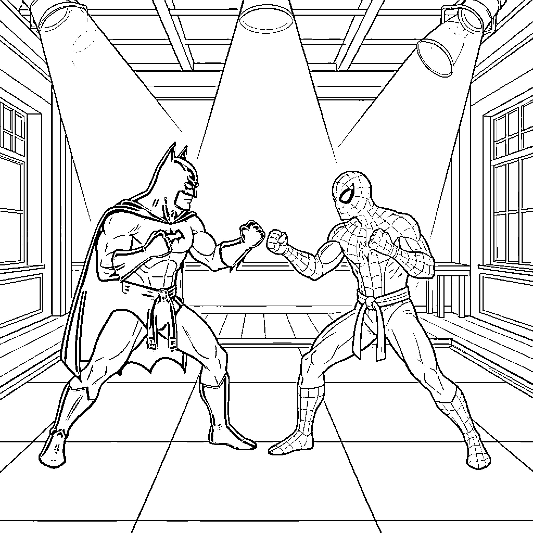 Batman and Spider-Man battle in a dark arena Coloring Page (free black-and-white line drawing printable PDF for all, from beginners to advanced learners, including children, teens, adults, and seniors)