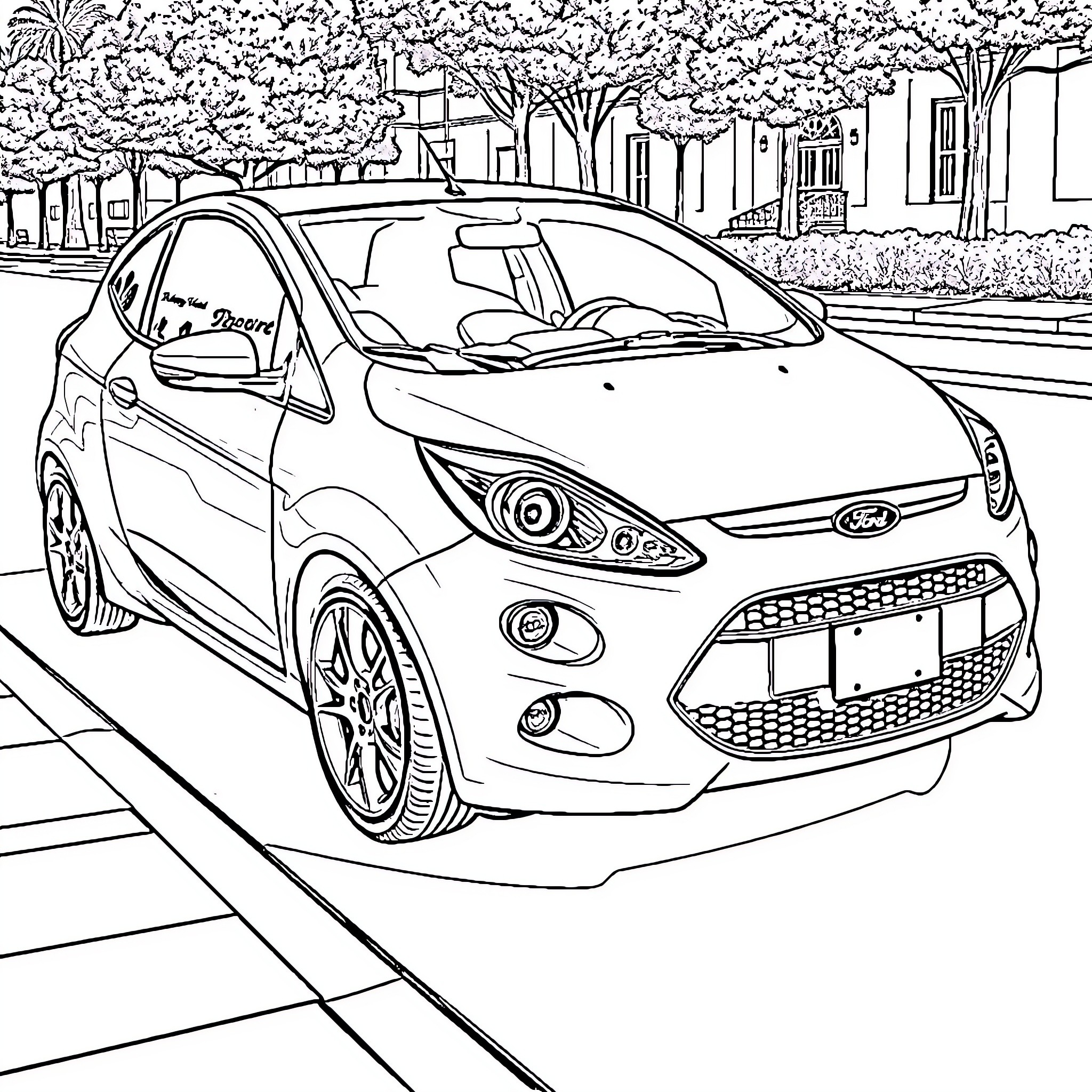 Ford Stylish Compact Car on City Street Coloring Page (free black-and-white line drawing printable PDF for all, from beginners to advanced learners, including children, teens, adults, and seniors)