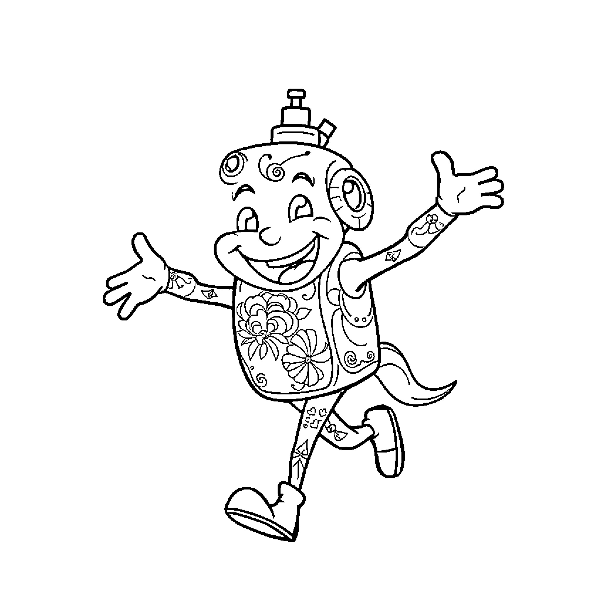 Tattoo Machine Depicting a Cheerful Cartoon Character Coloring Page (free black-and-white line drawing printable PDF for all, from beginners to advanced learners, including children, teens, adults, and seniors)