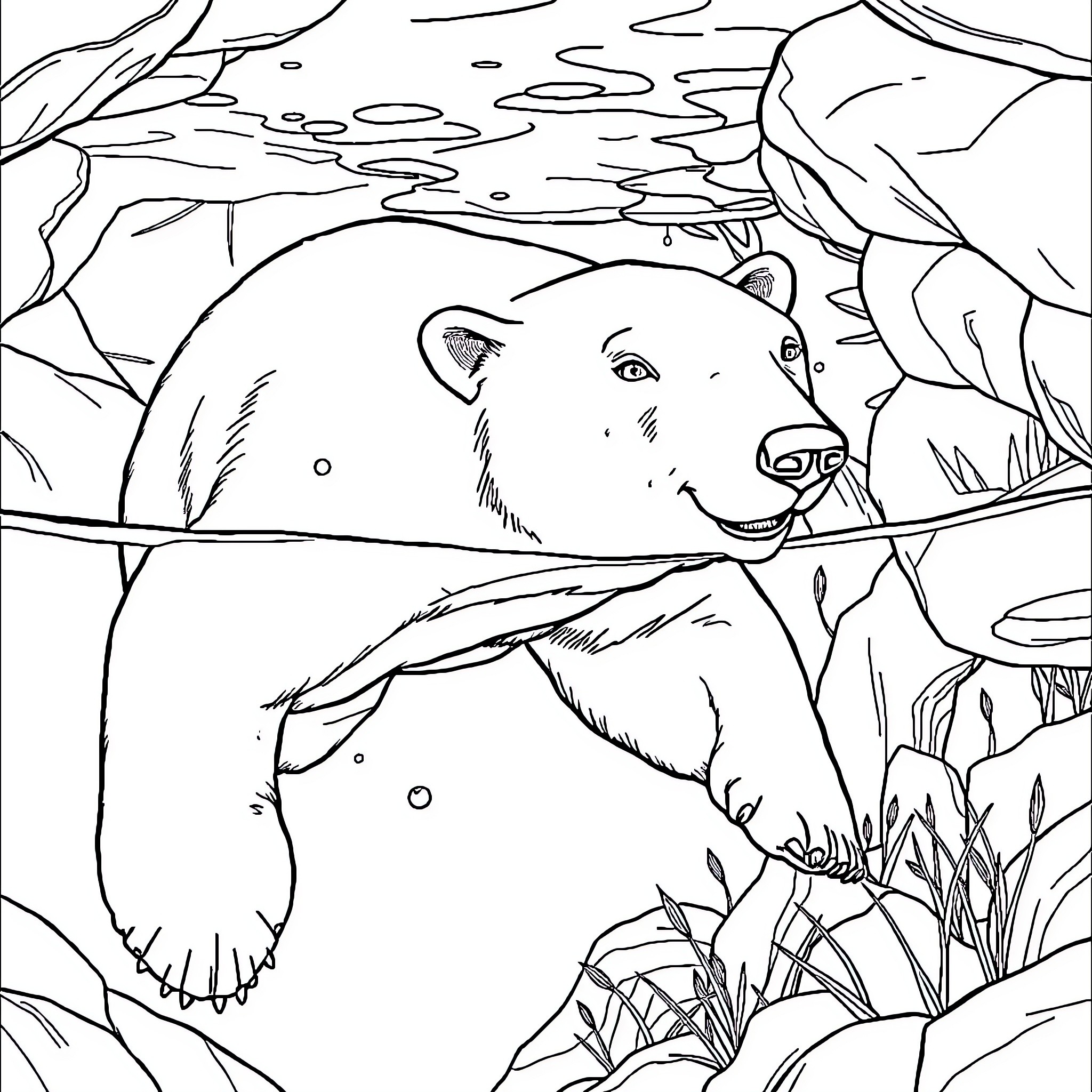 Polar Bear exploring the Arctic landscape Coloring Page (free black-and-white line drawing printable PDF for all, from beginners to advanced learners, including children, teens, adults, and seniors)