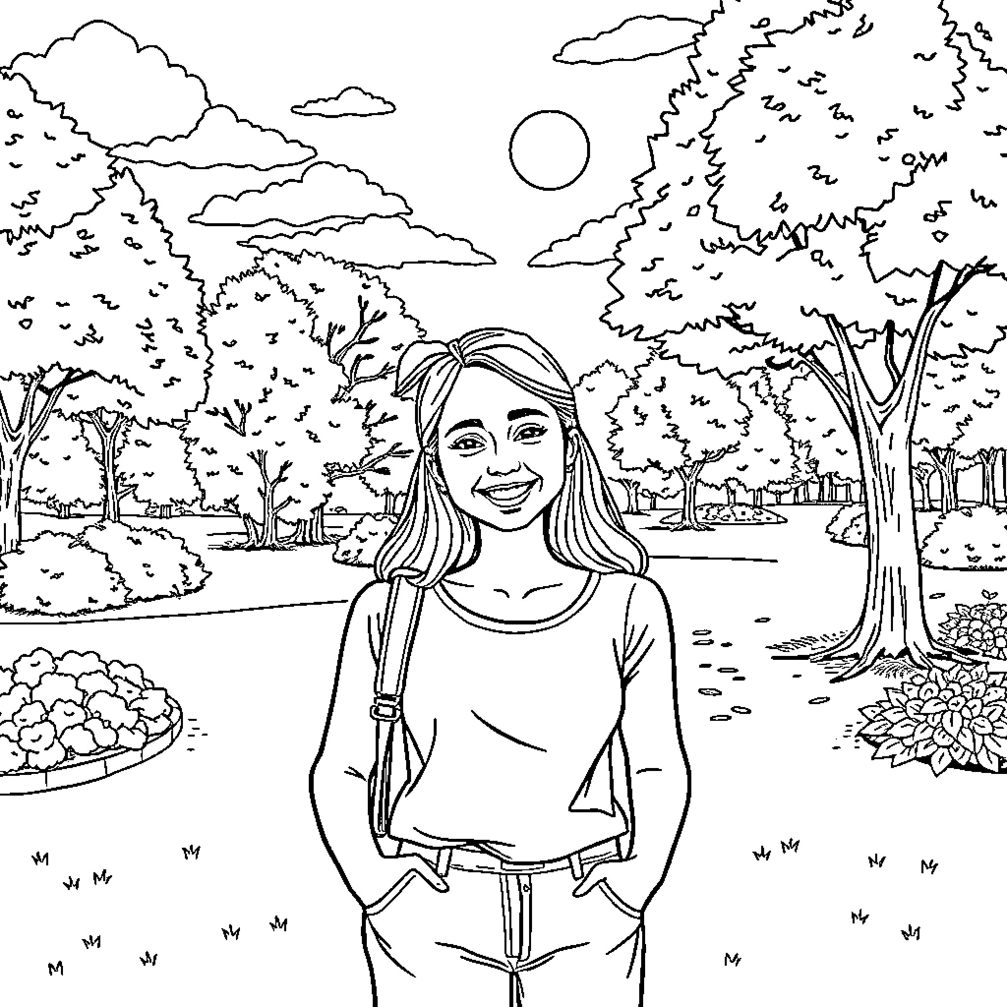 Me enjoying a peaceful park scene Coloring Page (free black-and-white line drawing printable PDF for all, from beginners to advanced learners, including children, teens, adults, and seniors)
