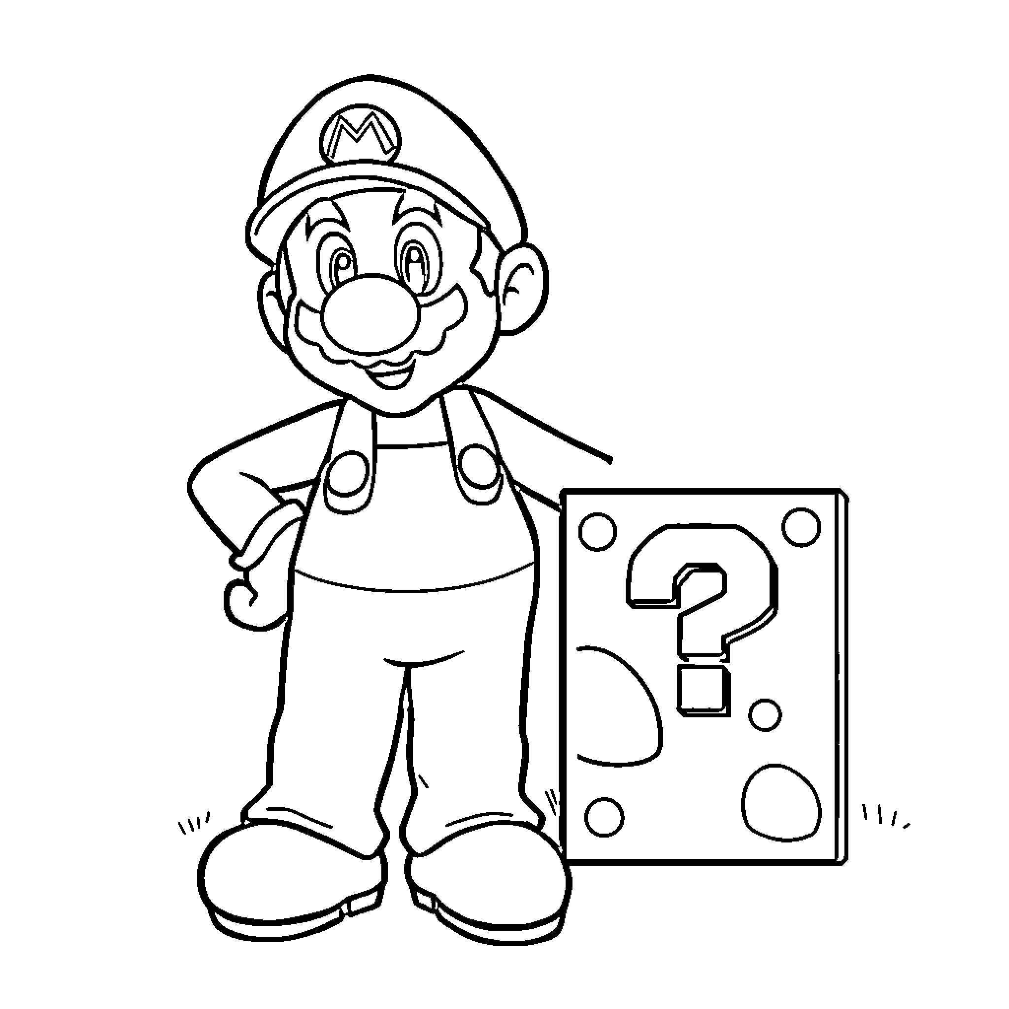 Mario exploring mystery block in action Coloring Page (free black-and-white line drawing printable PDF for all, from beginners to advanced learners, including children, teens, adults, and seniors)