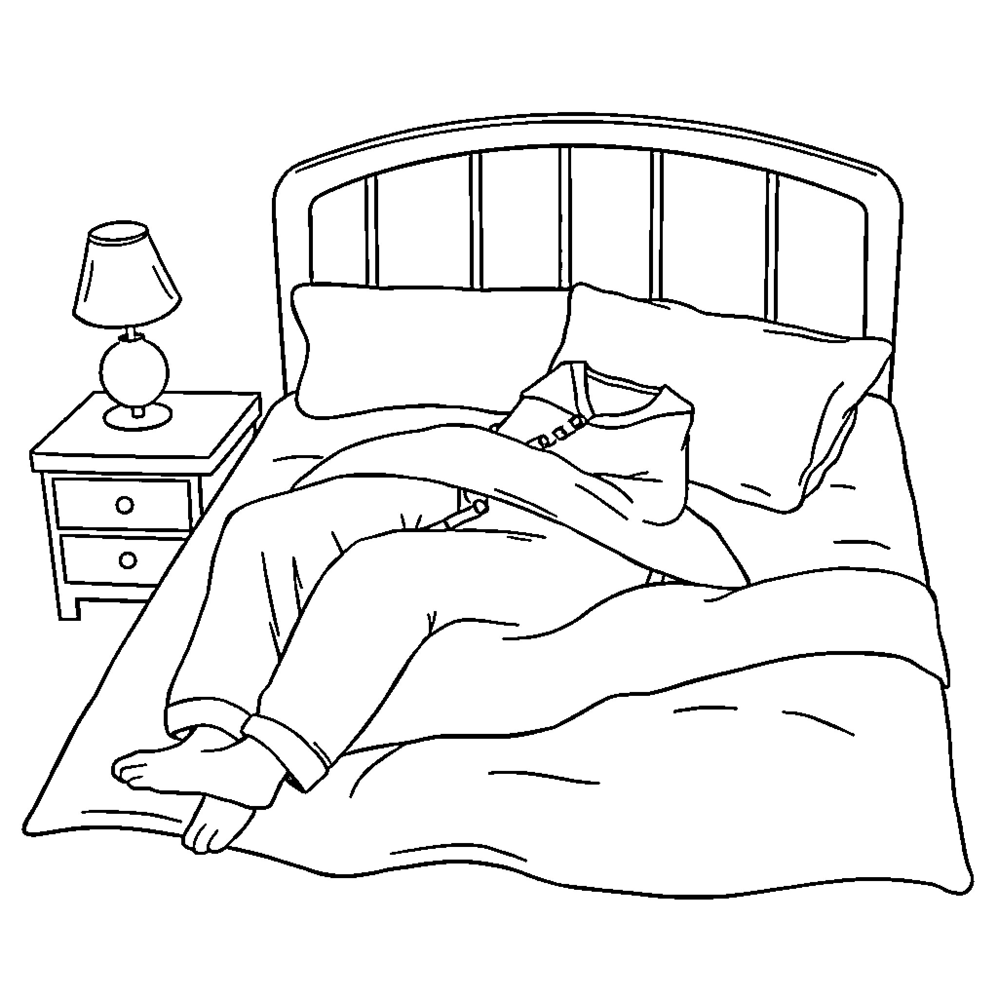 PJ Bedtime Routine in the Bedroom Coloring Page (free black-and-white line drawing printable PDF for all, from beginners to advanced learners, including children, teens, adults, and seniors)
