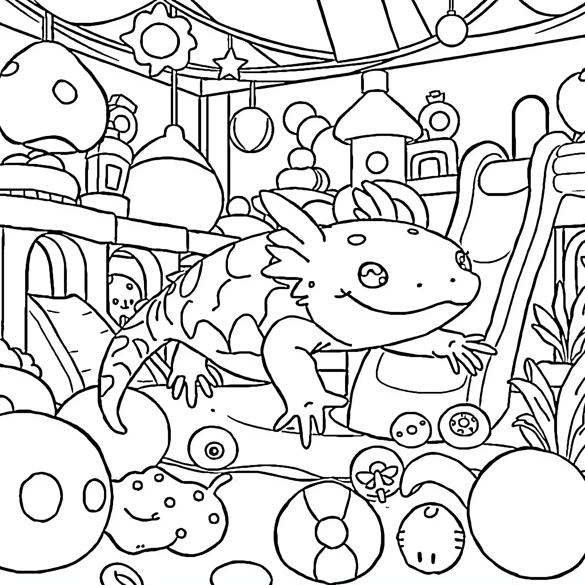 Axolotl exploring whimsical underwater world Coloring Page (free black-and-white line drawing printable PDF for all, from beginners to advanced learners, including children, teens, adults, and seniors)