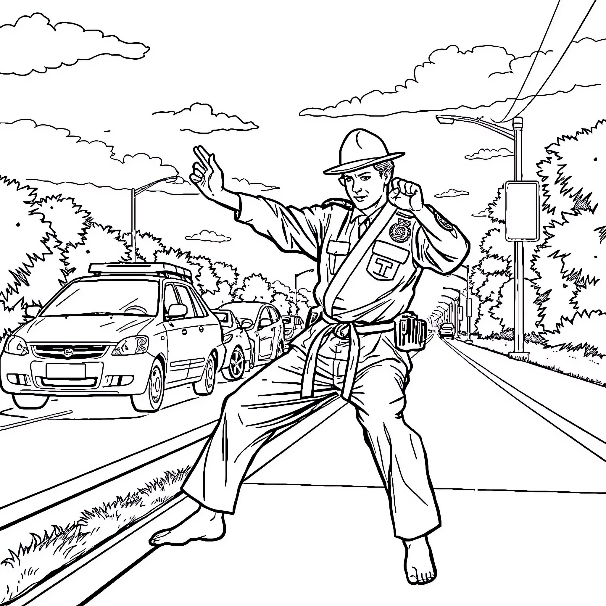 Officer directing traffic on a scenic road Coloring Page (free black-and-white line drawing printable PDF for all, from beginners to advanced learners, including children, teens, adults, and seniors)