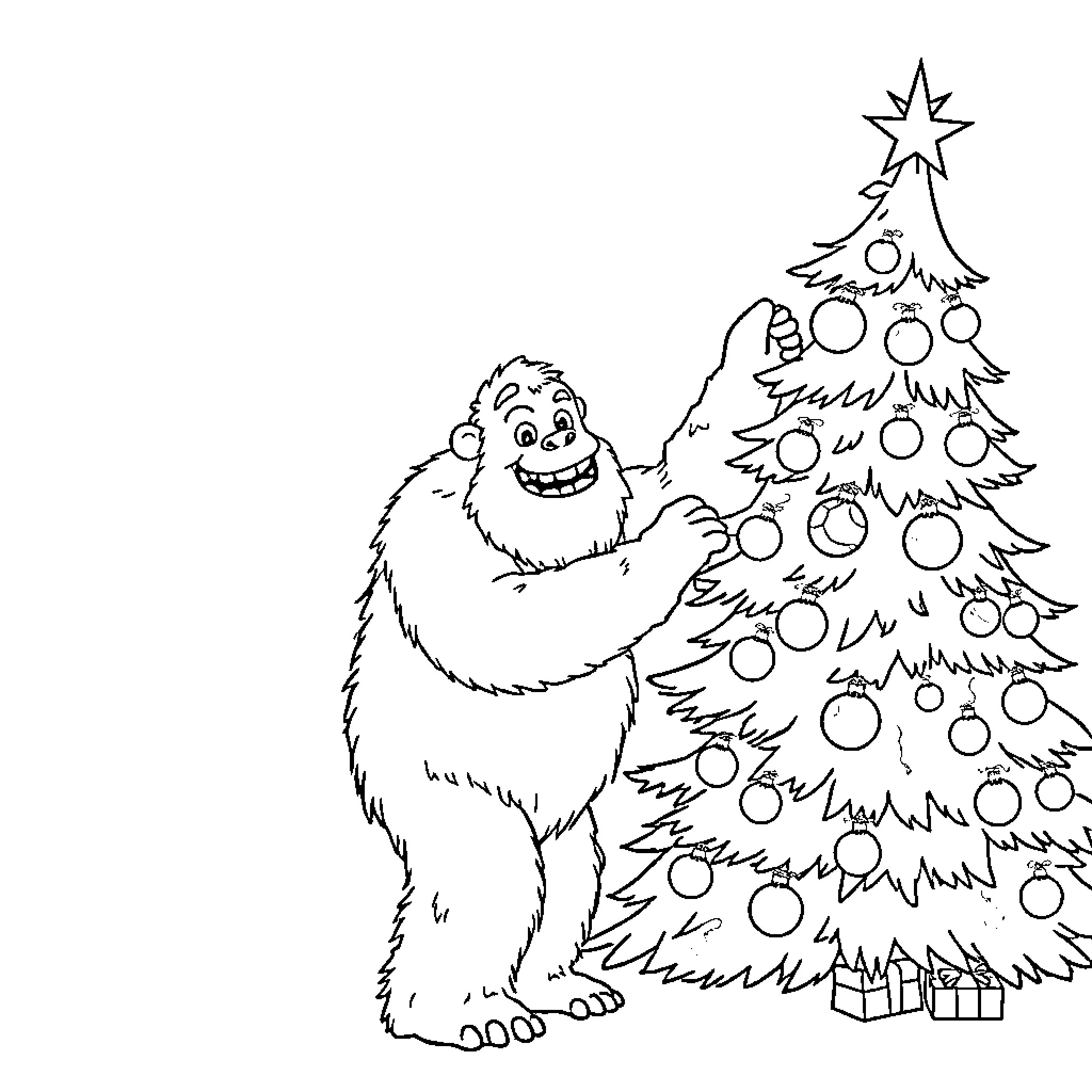 Bigfoot decorating Christmas tree with ornaments Coloring Page (free black-and-white line drawing printable PDF for all, from beginners to advanced learners, including children, teens, adults, and seniors)