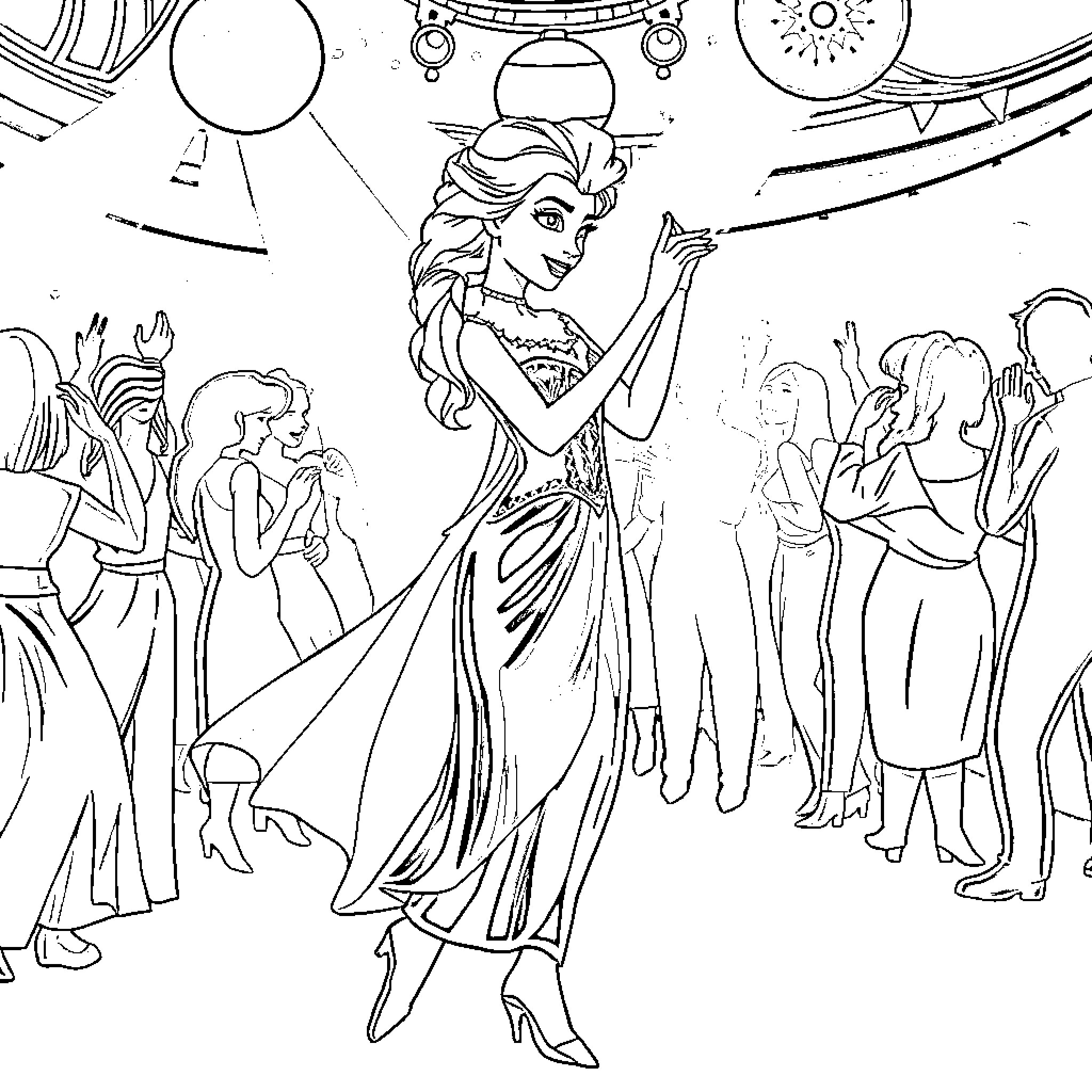 Elsa's Elegant Ballroom Dance Coloring Page (free black-and-white line drawing printable PDF for all, from beginners to advanced learners, including children, teens, adults, and seniors)