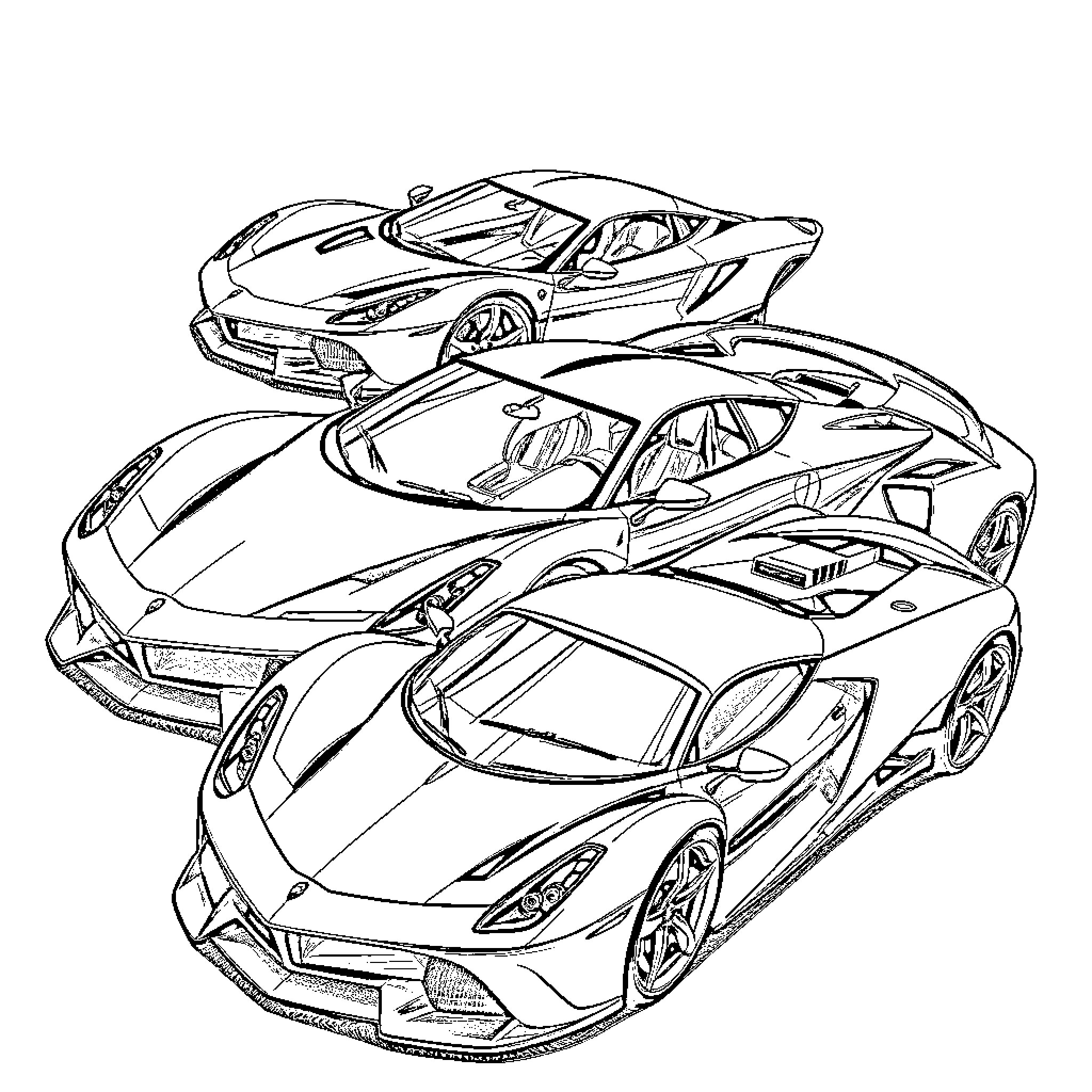 Exotic Car Enthusiasts' Showcase of Sleek Designs Coloring Page (free black-and-white line drawing printable PDF for all, from beginners to advanced learners, including children, teens, adults, and seniors)