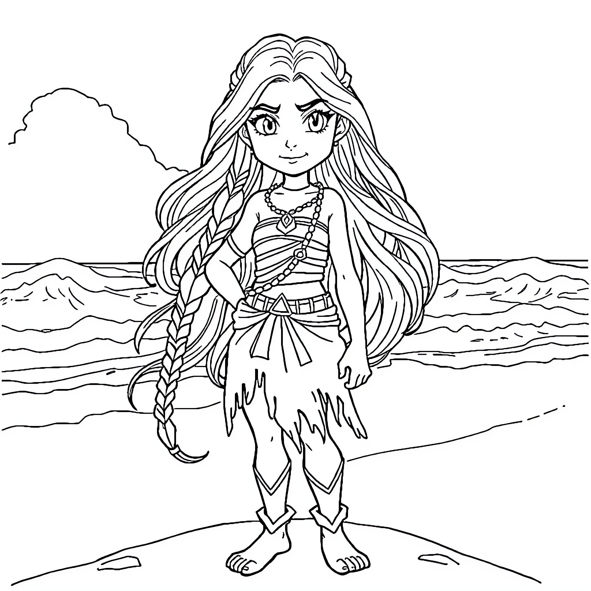 Vaianna's Adventure on the Coastal Landscape Coloring Page (free black-and-white line drawing printable PDF for all, from beginners to advanced learners, including children, teens, adults, and seniors)