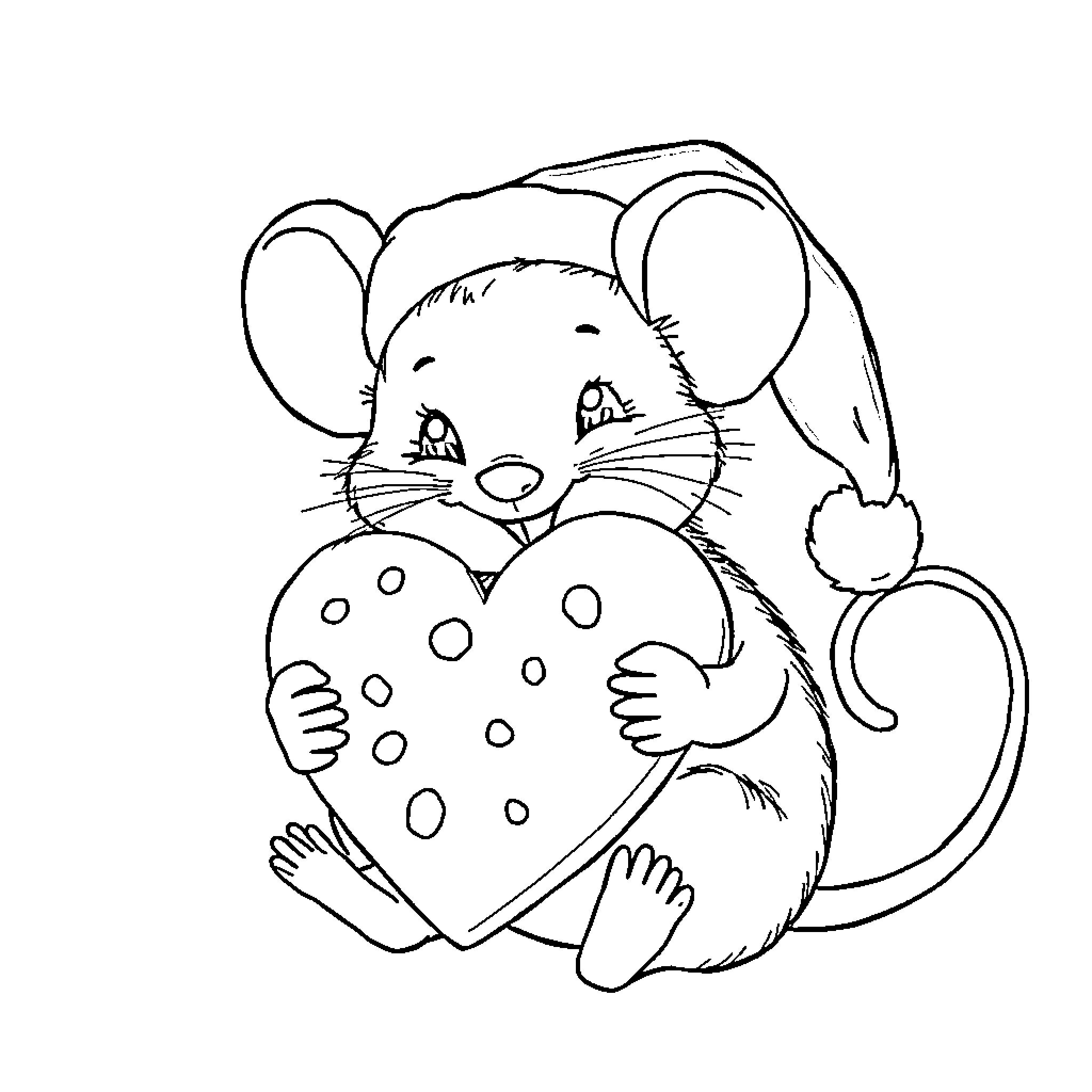 Mouse holding a heart-shaped cookie Coloring Page (free black-and-white line drawing printable PDF for all, from beginners to advanced learners, including children, teens, adults, and seniors)