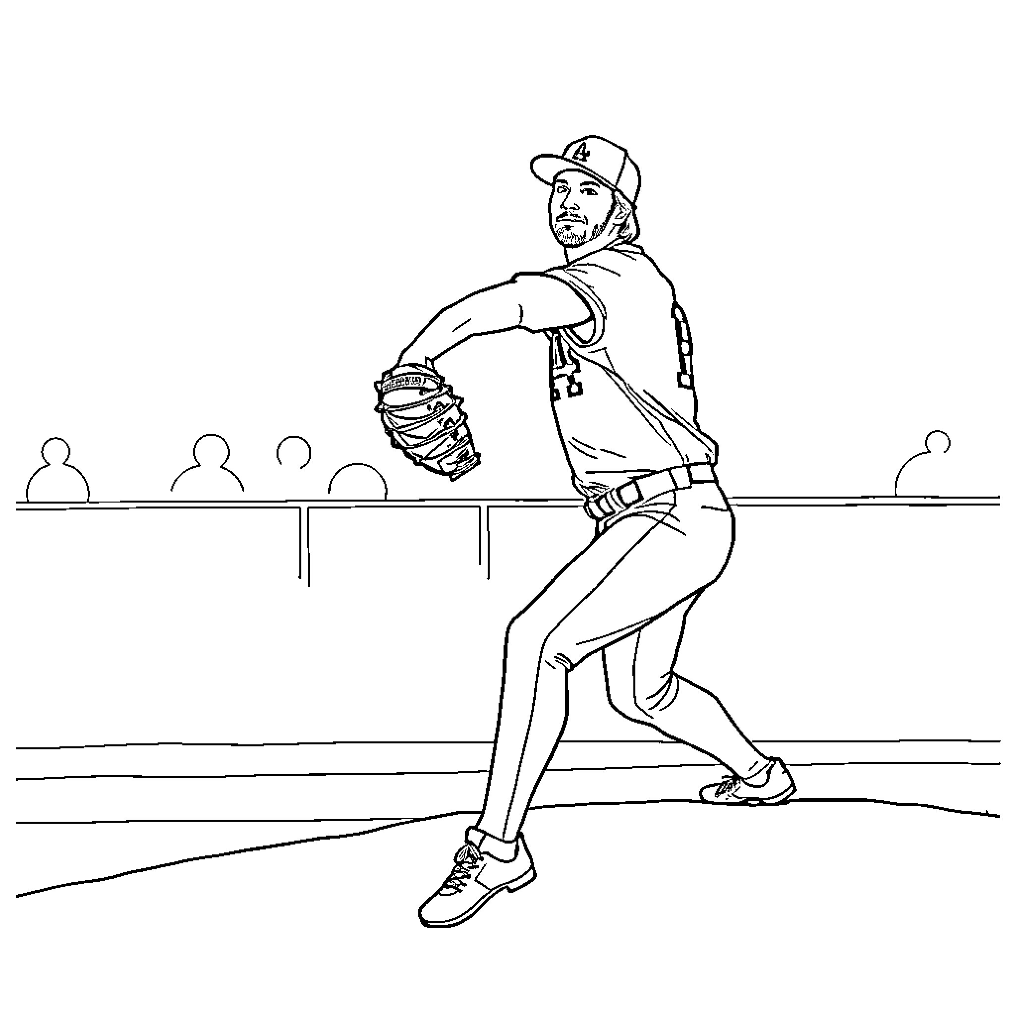 Dodger pitcher warming up on the mound Coloring Page (free black-and-white line drawing printable PDF for all, from beginners to advanced learners, including children, teens, adults, and seniors)