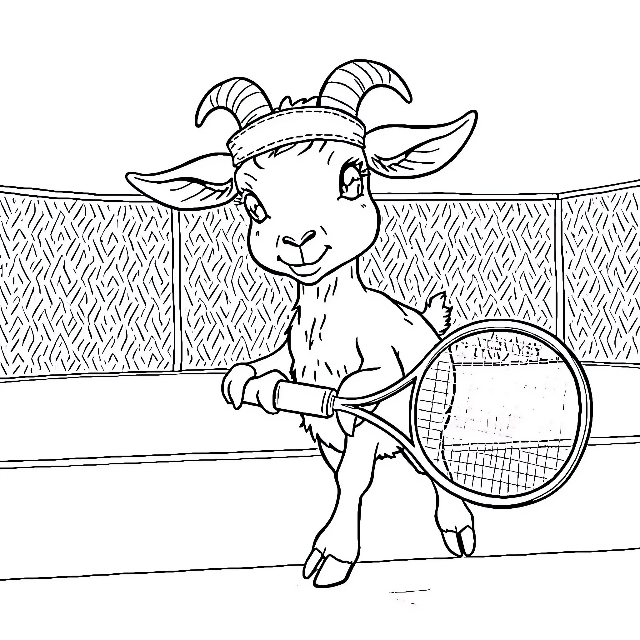 Goat playing tennis on the court Coloring Page (free black-and-white line drawing printable PDF for all, from beginners to advanced learners, including children, teens, adults, and seniors)