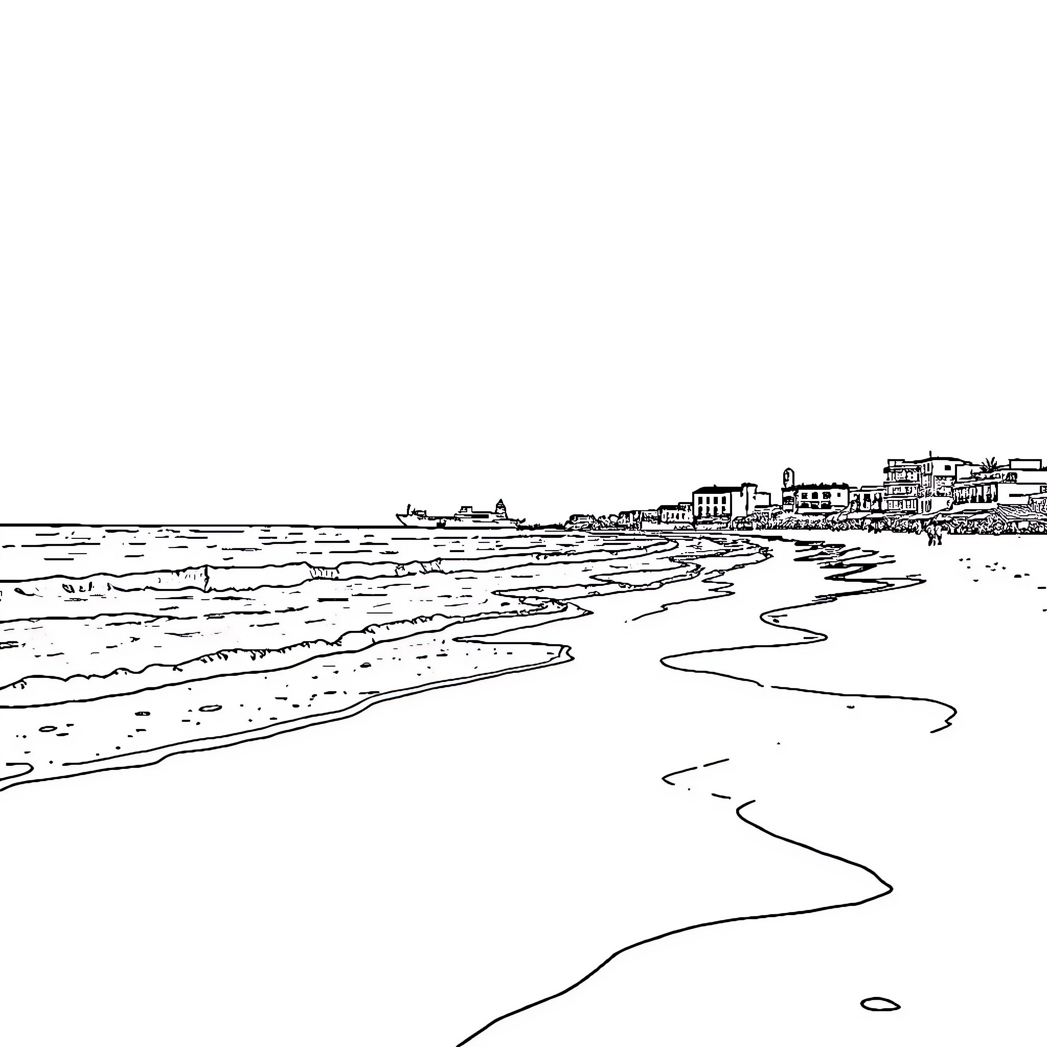 Crisol of coastal town and waves Coloring Page (free black-and-white line drawing printable PDF for all, from beginners to advanced learners, including children, teens, adults, and seniors)