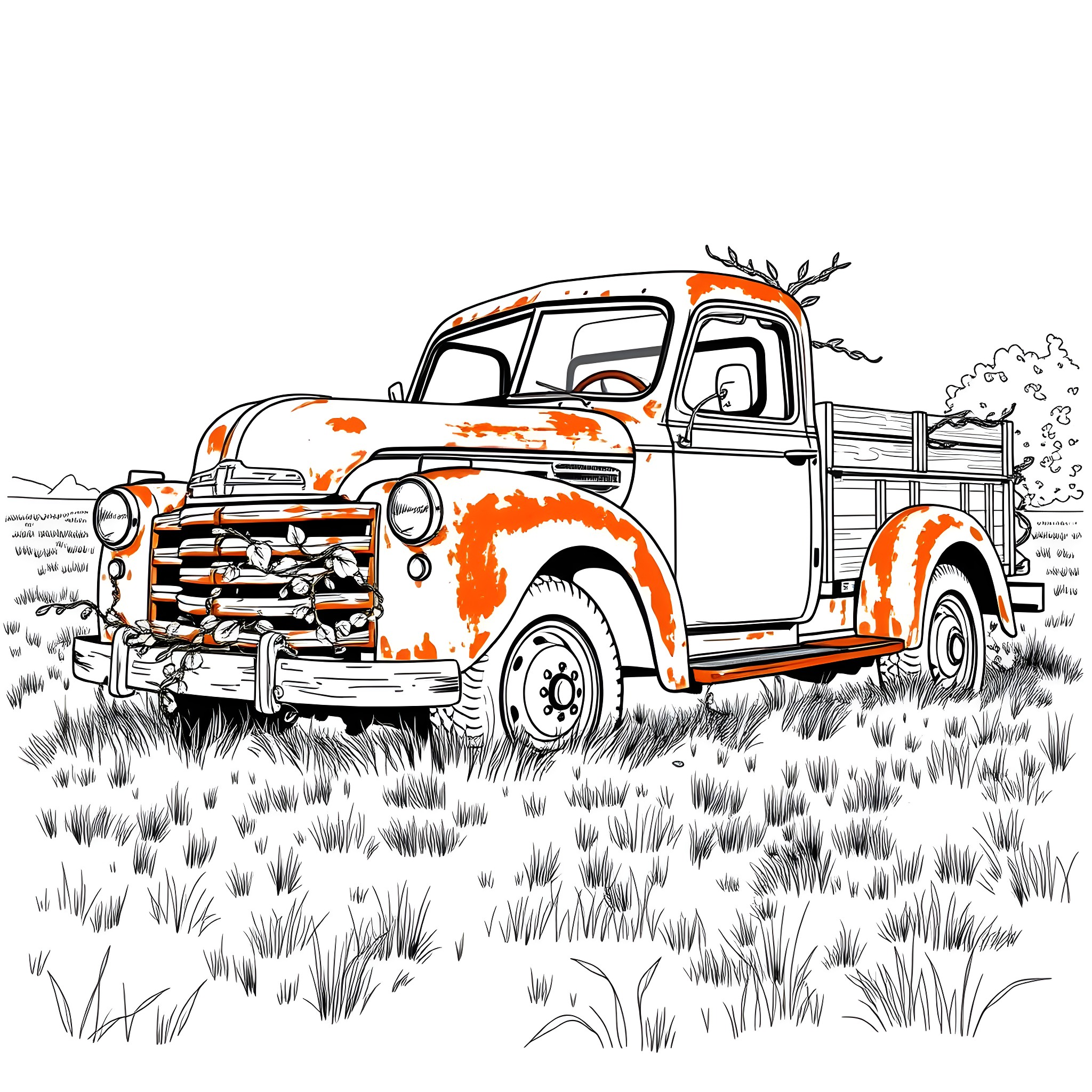 Truck Hauling Rusty Farm Equipment in a Grassy Field Coloring Page (free black-and-white line drawing printable PDF for all, from beginners to advanced learners, including children, teens, adults, and seniors)