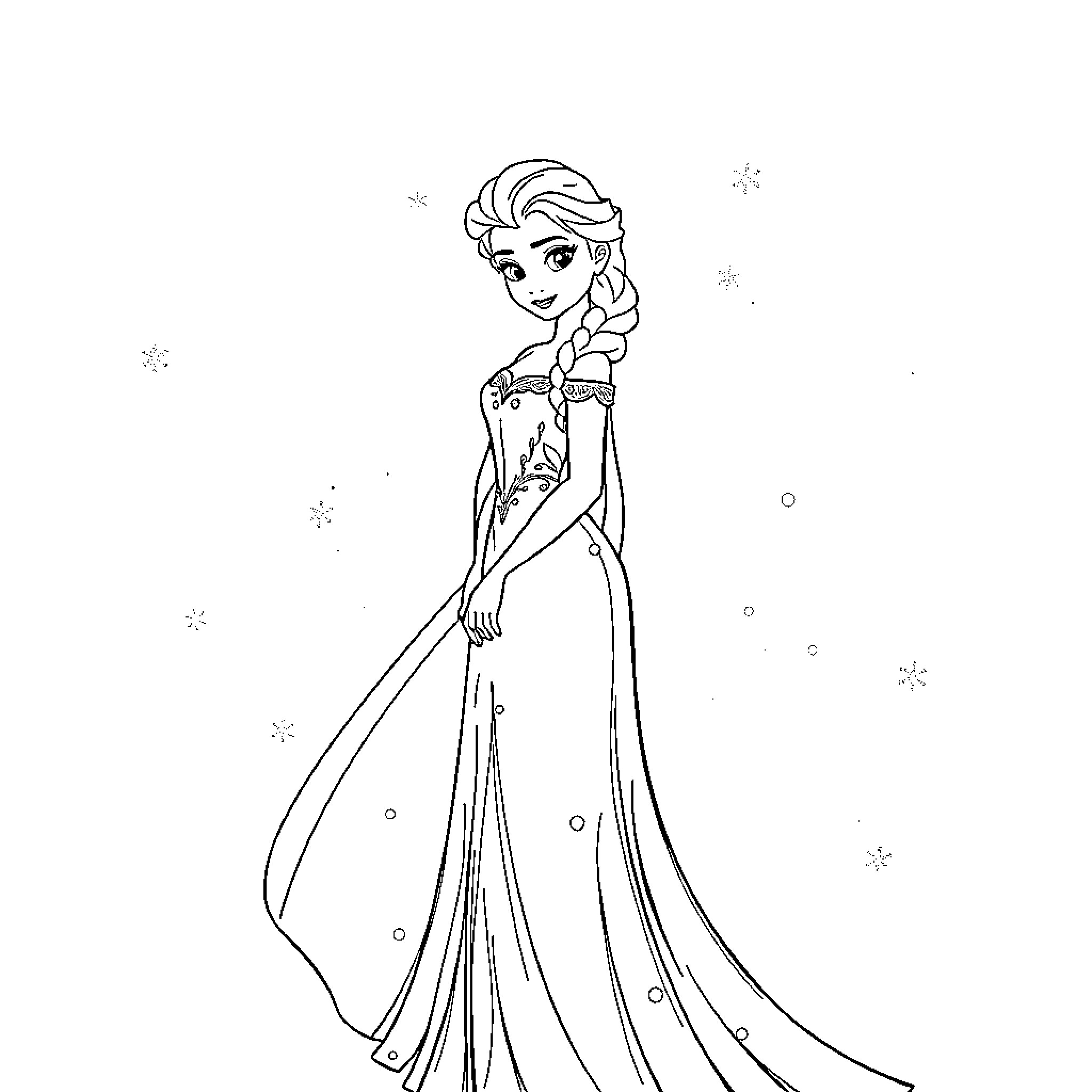 Elsa's Elegant Winter Wonderland Attire Coloring Page (free black-and-white line drawing printable PDF for all, from beginners to advanced learners, including children, teens, adults, and seniors)
