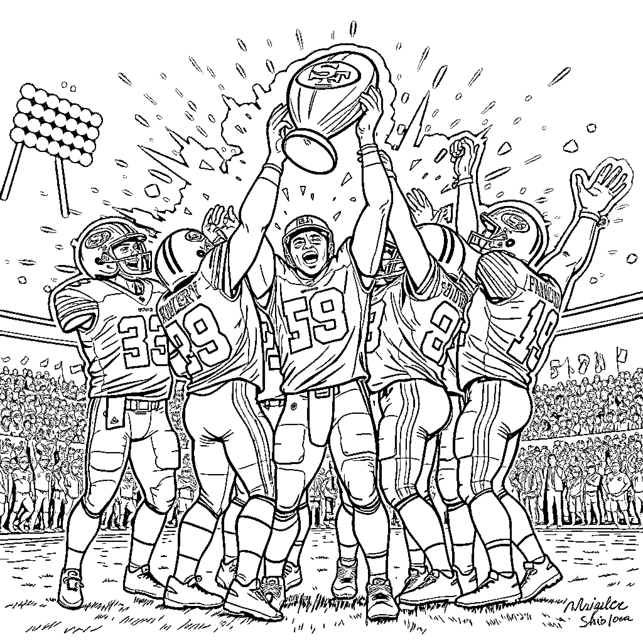 49ers celebrating victory with trophy at stadium Coloring Page (free black-and-white line drawing printable PDF for all, from beginners to advanced learners, including children, teens, adults, and seniors)