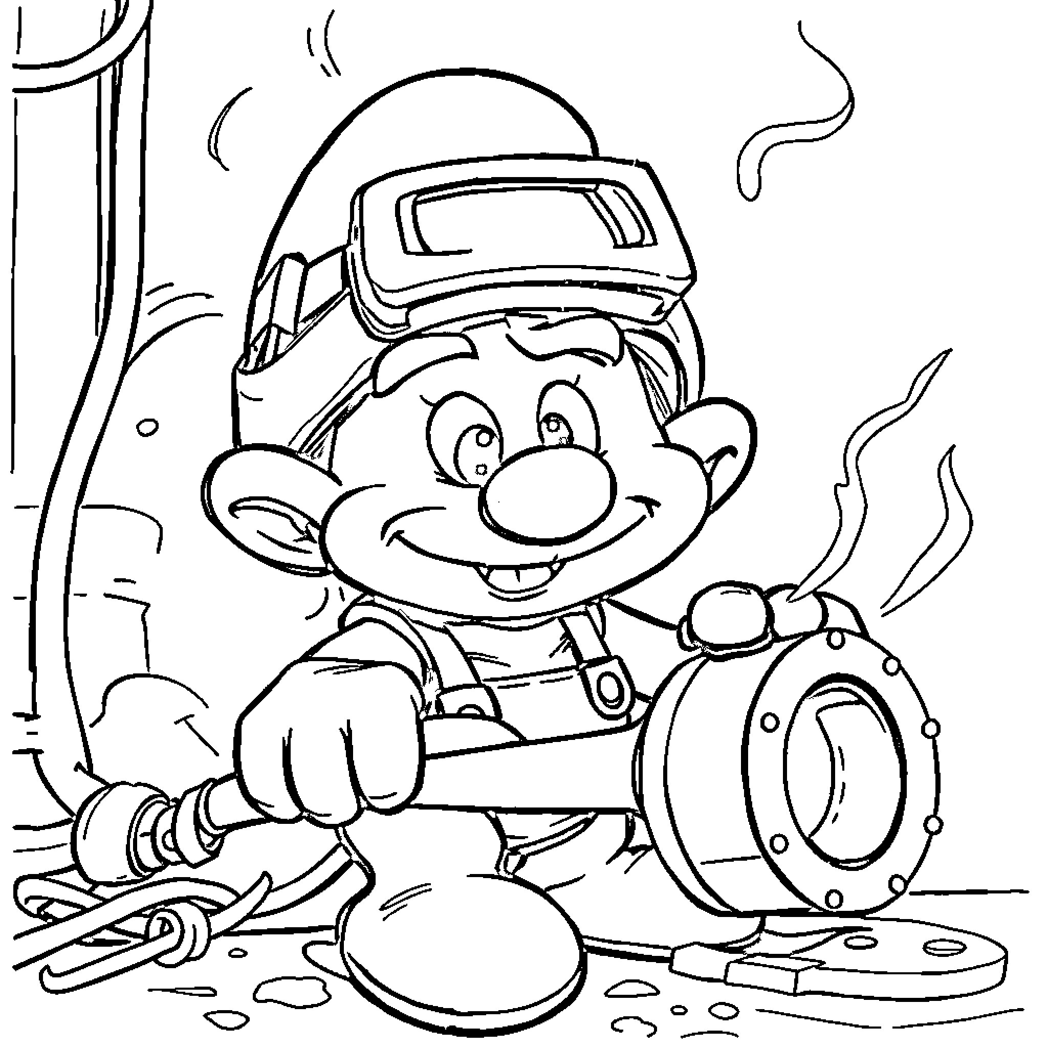 Smurf Mechanic Repairing Vehicle Coloring Page (free black-and-white line drawing printable PDF for all, from beginners to advanced learners, including children, teens, adults, and seniors)