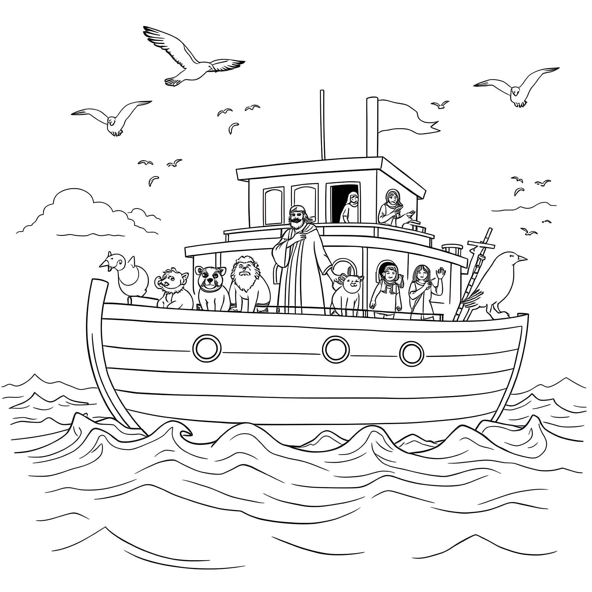 Noah's ark filled with animals and people sailing on the sea Coloring Page (free black-and-white line drawing printable PDF for all, from beginners to advanced learners, including children, teens, adults, and seniors)