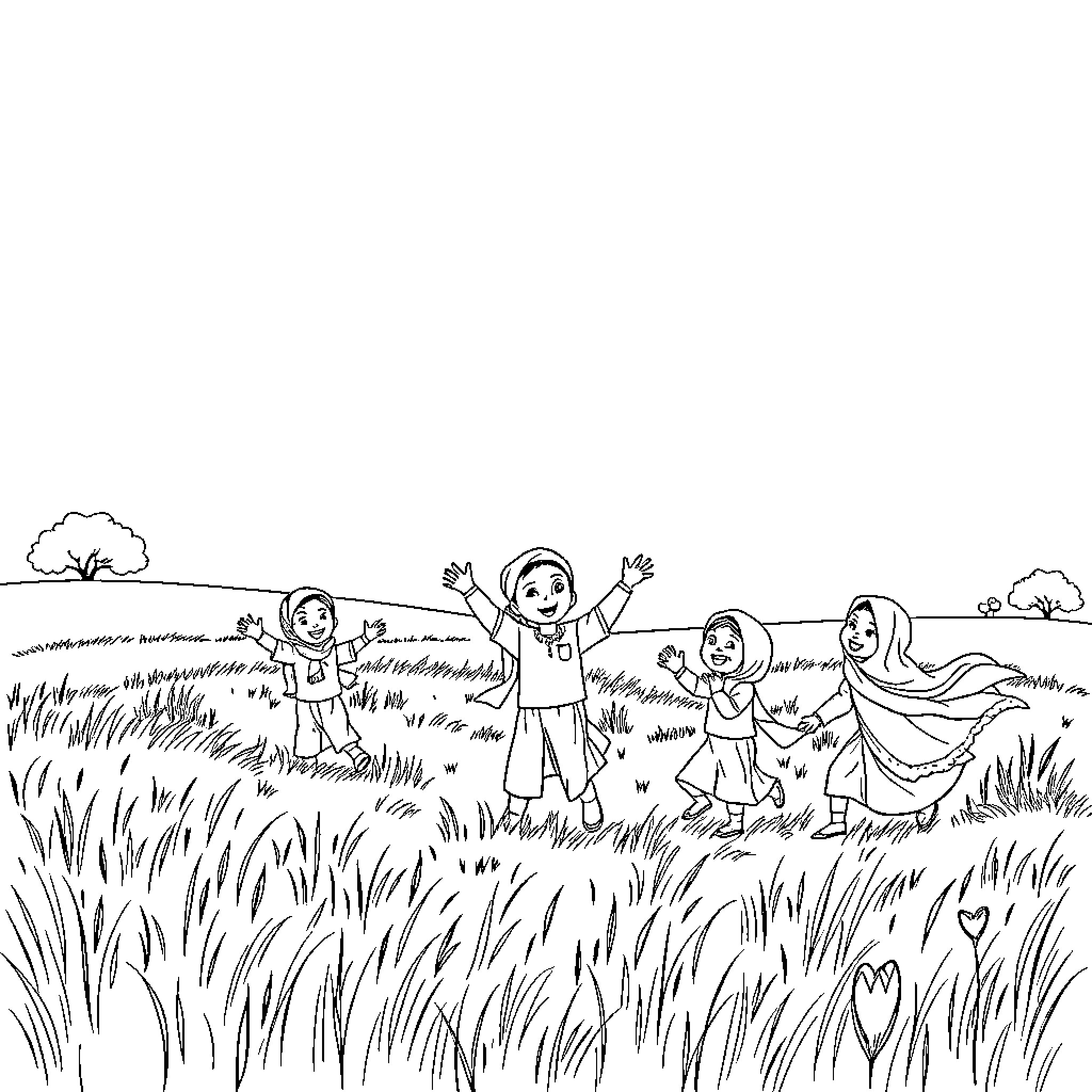 Kid playing joyfully with friends in a field Coloring Page (free black-and-white line drawing printable PDF for all, from beginners to advanced learners, including children, teens, adults, and seniors)