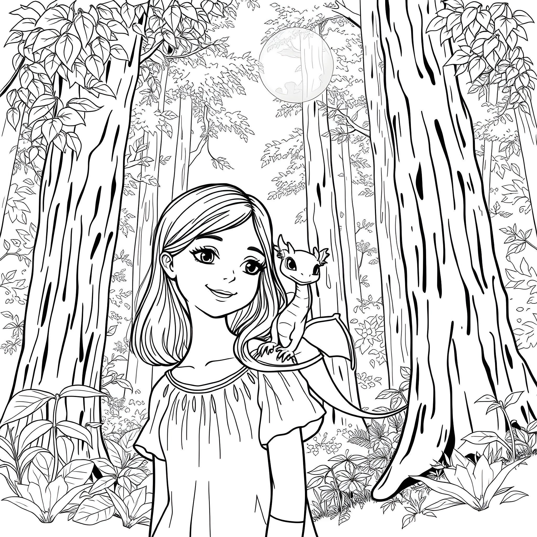 Girl playing with a pet in the forest Coloring Page (free black-and-white line drawing printable PDF for all, from beginners to advanced learners, including children, teens, adults, and seniors)