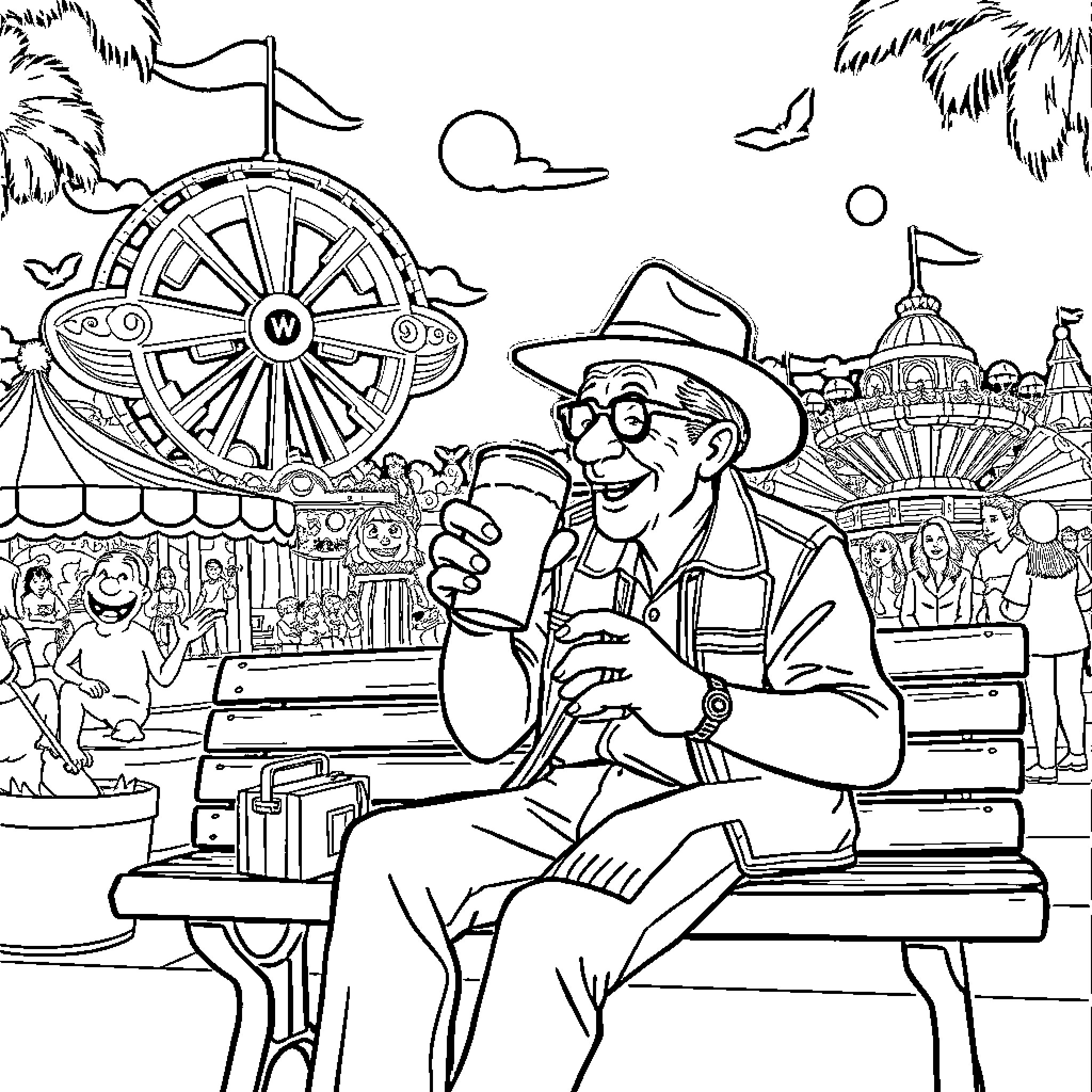 Baden Powell enjoying a lively carnival with rides and amusement Coloring Page (free black-and-white line drawing printable PDF for all, from beginners to advanced learners, including children, teens, adults, and seniors)