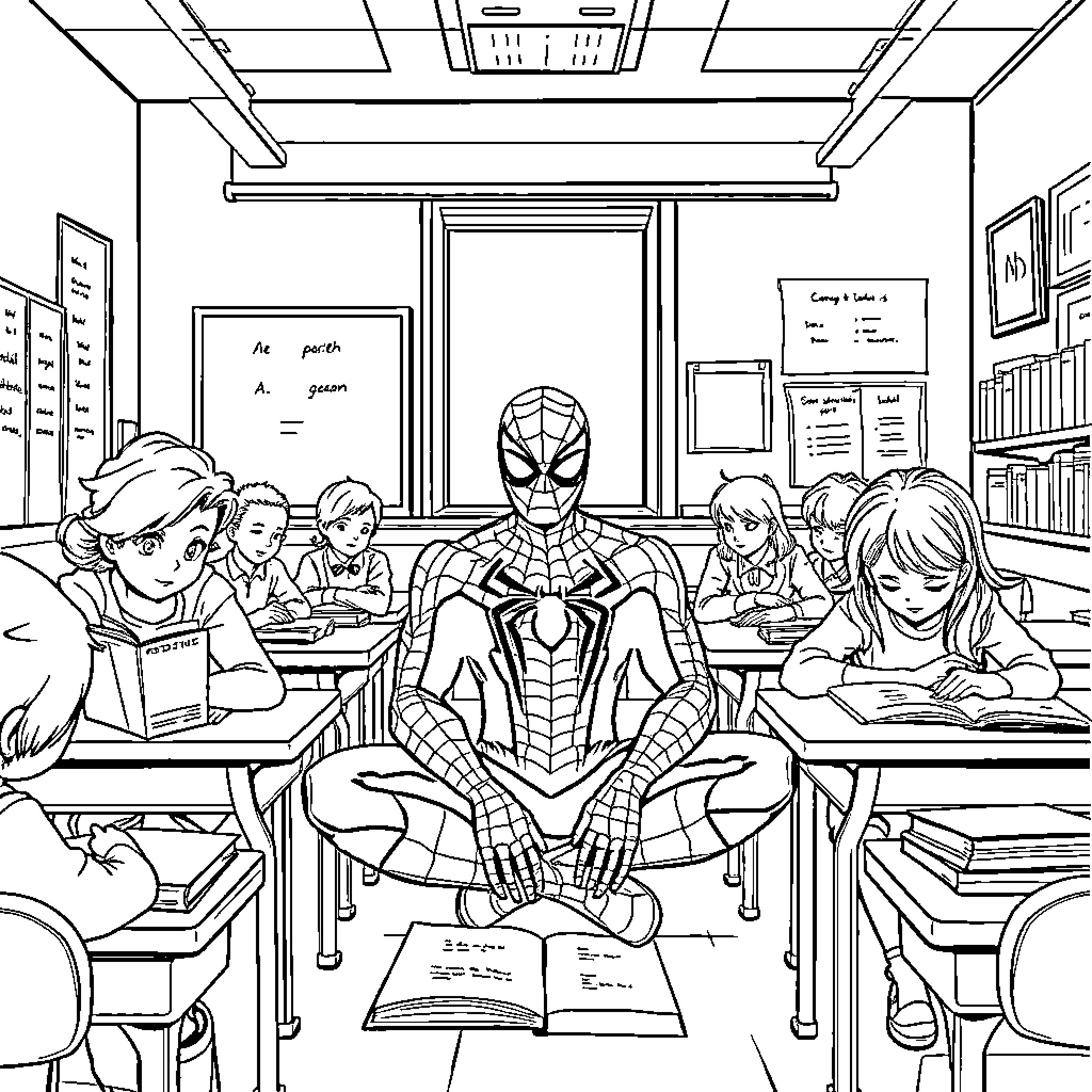 Spiderman Mentoring Students in the Classroom Coloring Page (free black-and-white line drawing printable PDF for all, from beginners to advanced learners, including children, teens, adults, and seniors)