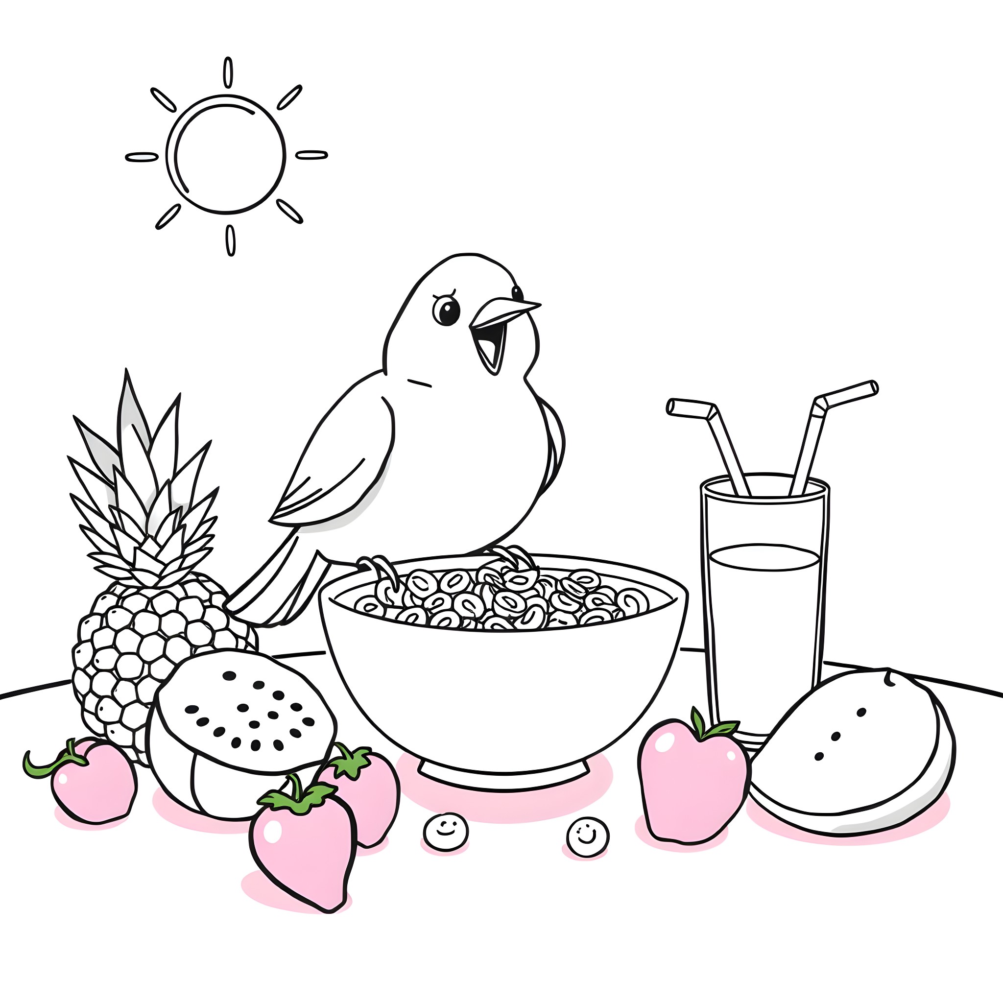 Bird enjoying a healthy meal of tropical fruits Coloring Page (free black-and-white line drawing printable PDF for all, from beginners to advanced learners, including children, teens, adults, and seniors)