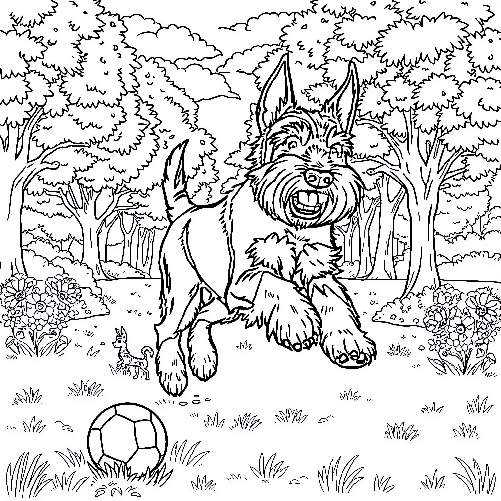 Schnauzer playing enthusiastically in the forest Coloring Page (free black-and-white line drawing printable PDF for all, from beginners to advanced learners, including children, teens, adults, and seniors)
