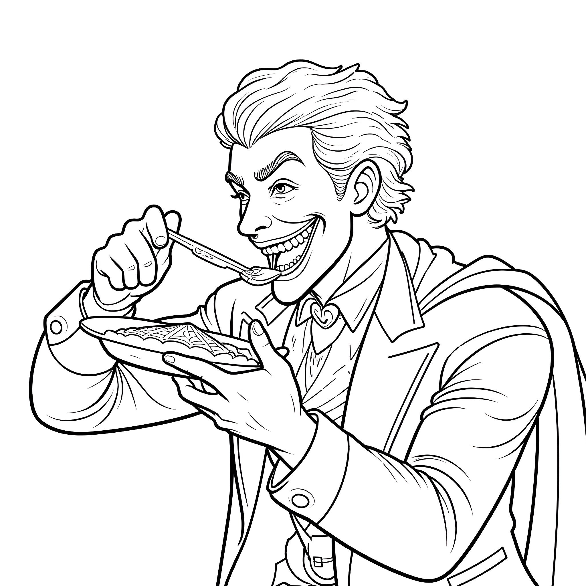 Joker enjoying a meal with wicked grin Coloring Page (free black-and-white line drawing printable PDF for all, from beginners to advanced learners, including children, teens, adults, and seniors)