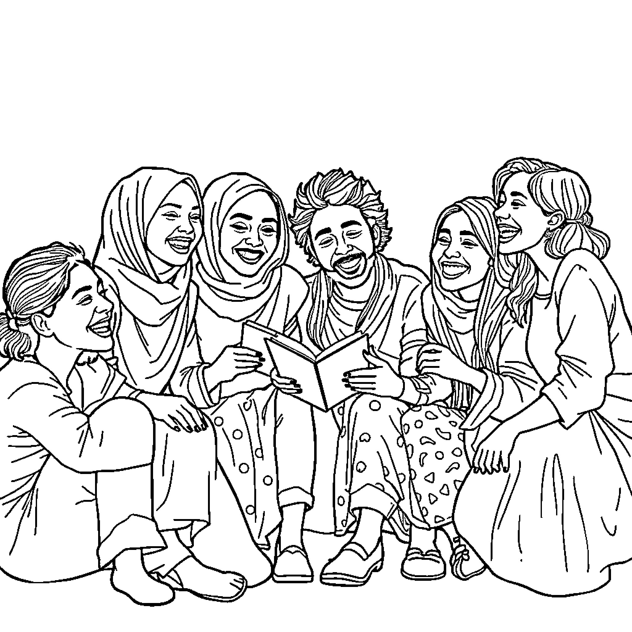 Person enjoying conversation with group of friends Coloring Page (free black-and-white line drawing printable PDF for all, from beginners to advanced learners, including children, teens, adults, and seniors)