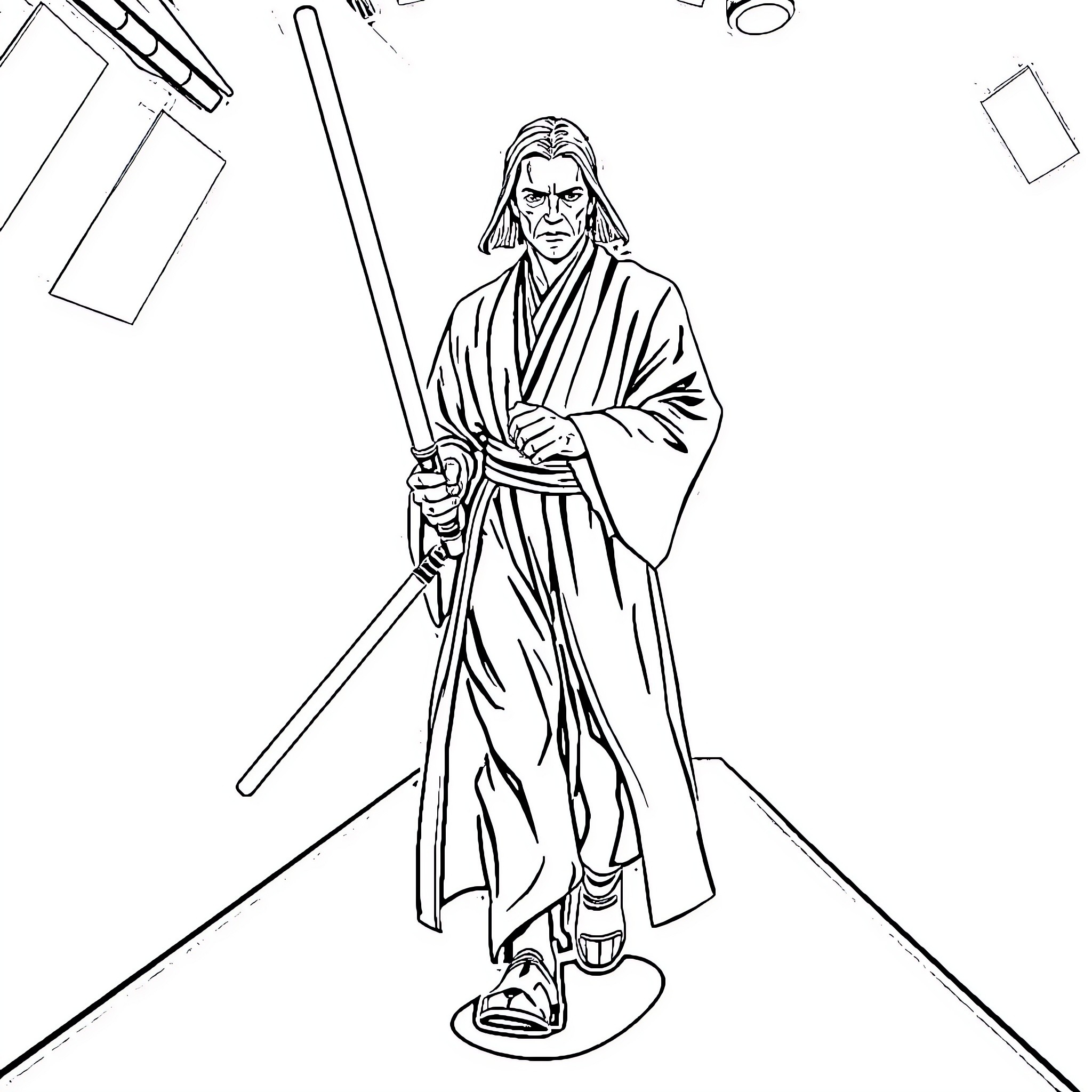 Jedi warrior wielding lightsaber in focus Coloring Page (free black-and-white line drawing printable PDF for all, from beginners to advanced learners, including children, teens, adults, and seniors)
