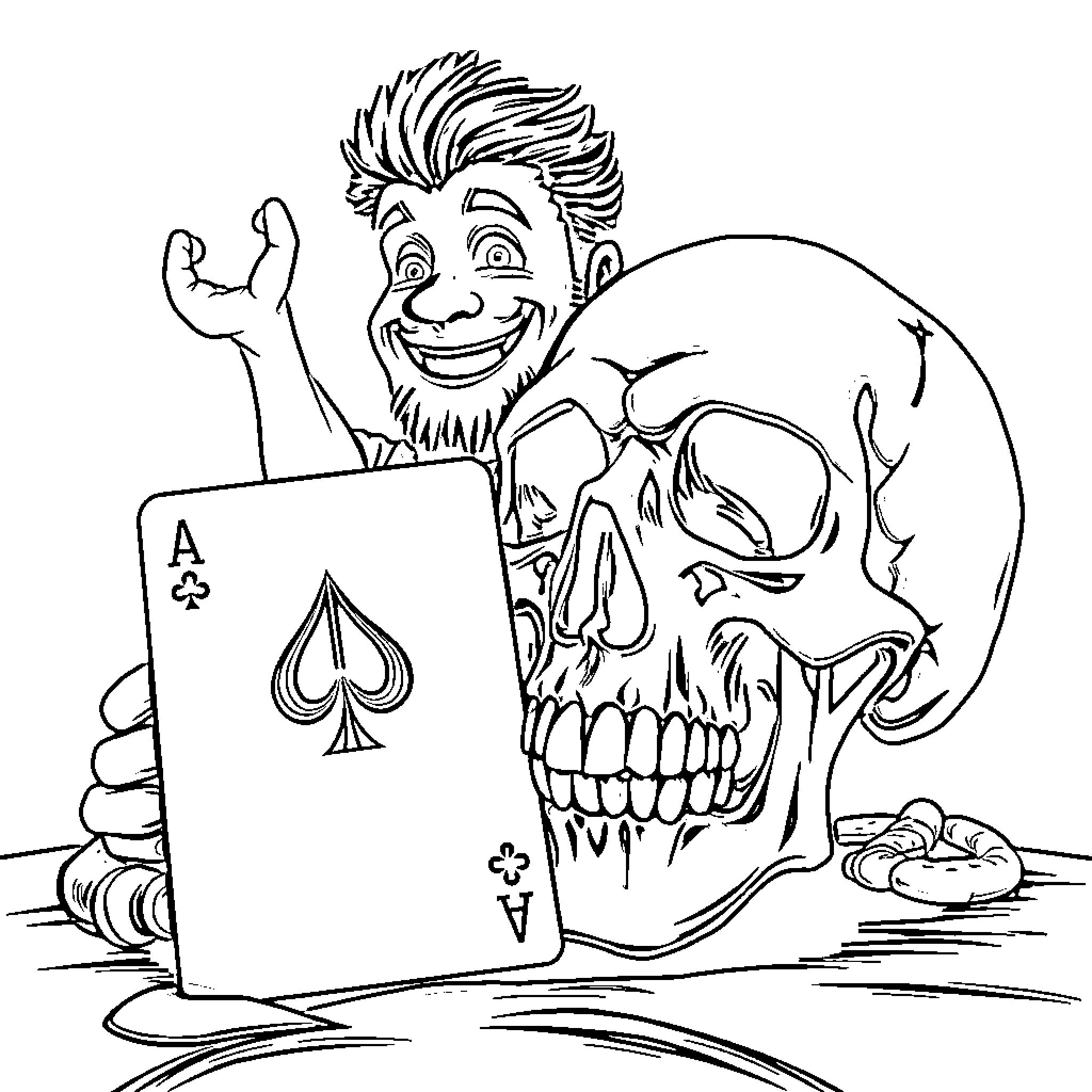 Skull playing with a playing card Coloring Page (free black-and-white line drawing printable PDF for all, from beginners to advanced learners, including children, teens, adults, and seniors)