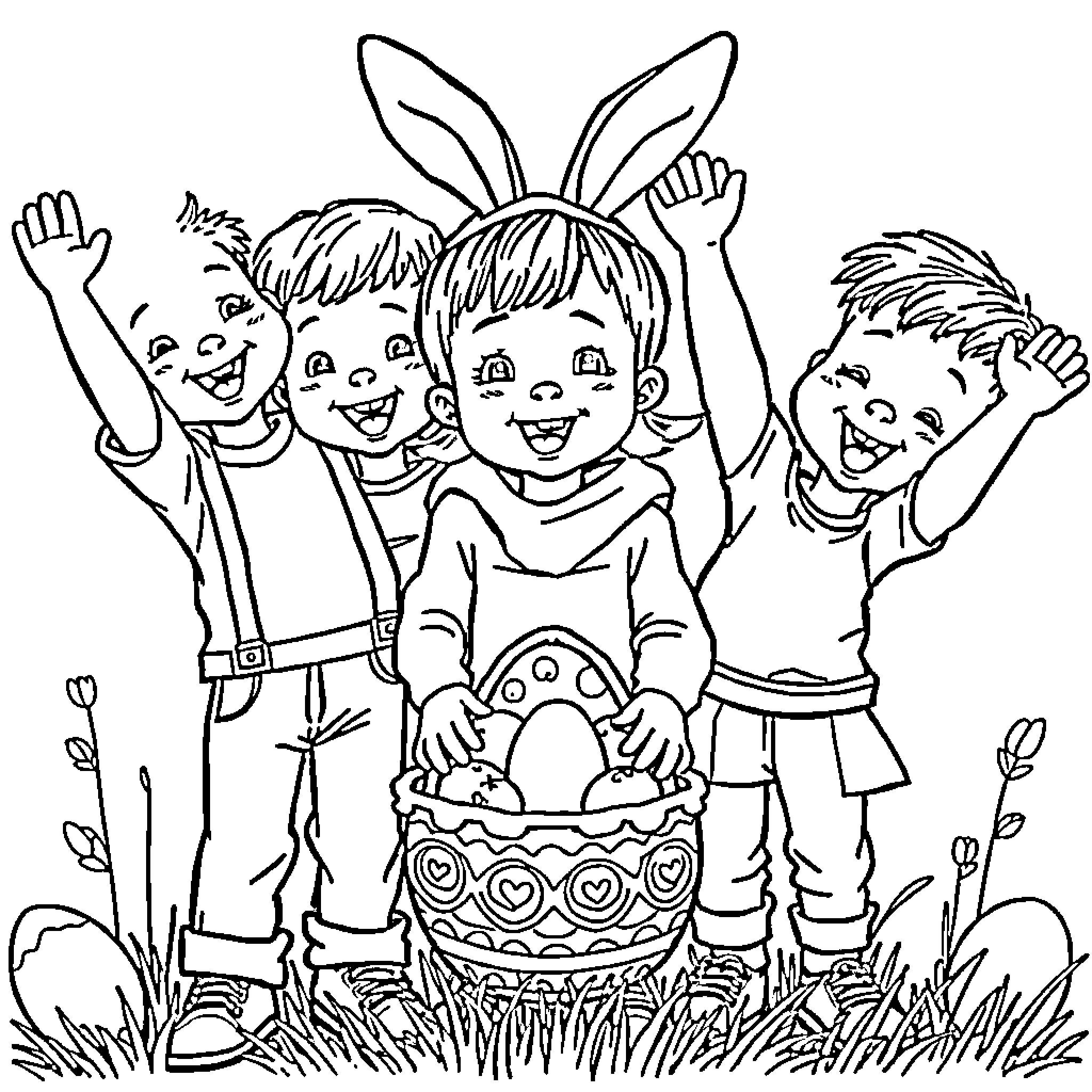 Easter fun with smiling children in bunny ears Coloring Page (free black-and-white line drawing printable PDF for all, from beginners to advanced learners, including children, teens, adults, and seniors)