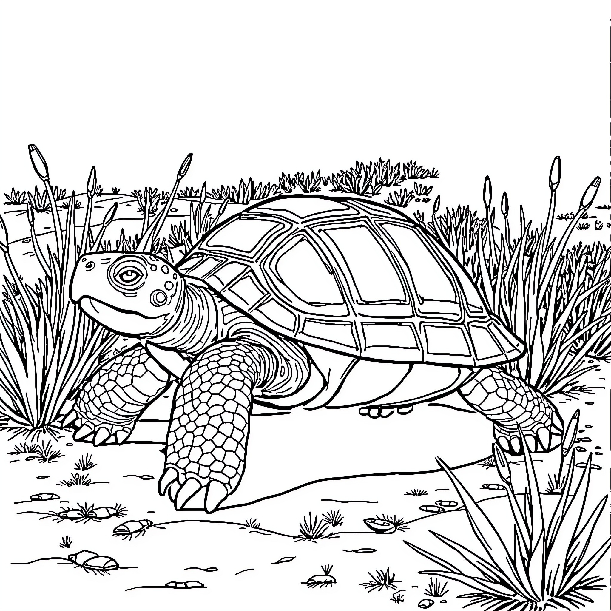 Turtle exploring a lush natural habitat Coloring Page (free black-and-white line drawing printable PDF for all, from beginners to advanced learners, including children, teens, adults, and seniors)