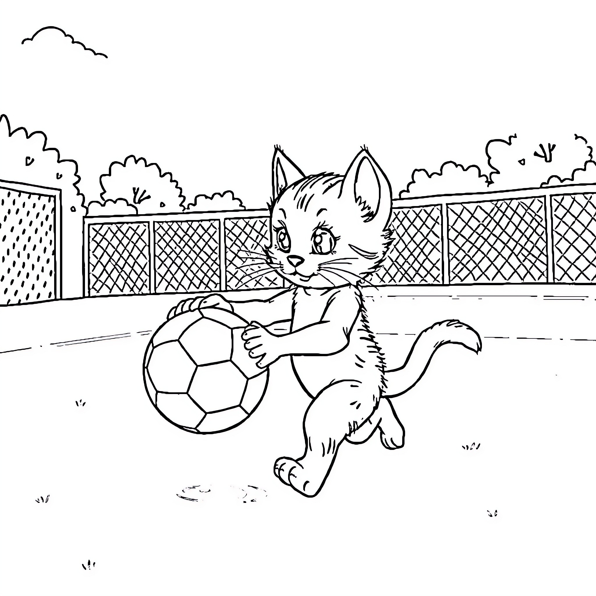 Kitten playing with soccer ball on field Coloring Page (free black-and-white line drawing printable PDF for all, from beginners to advanced learners, including children, teens, adults, and seniors)
