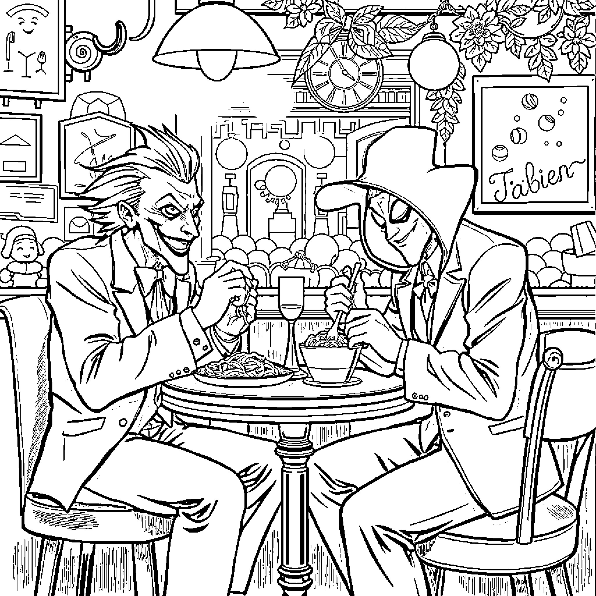 Joker characters enjoying casual conversation in cafe Coloring Page (free black-and-white line drawing printable PDF for all, from beginners to advanced learners, including children, teens, adults, and seniors)