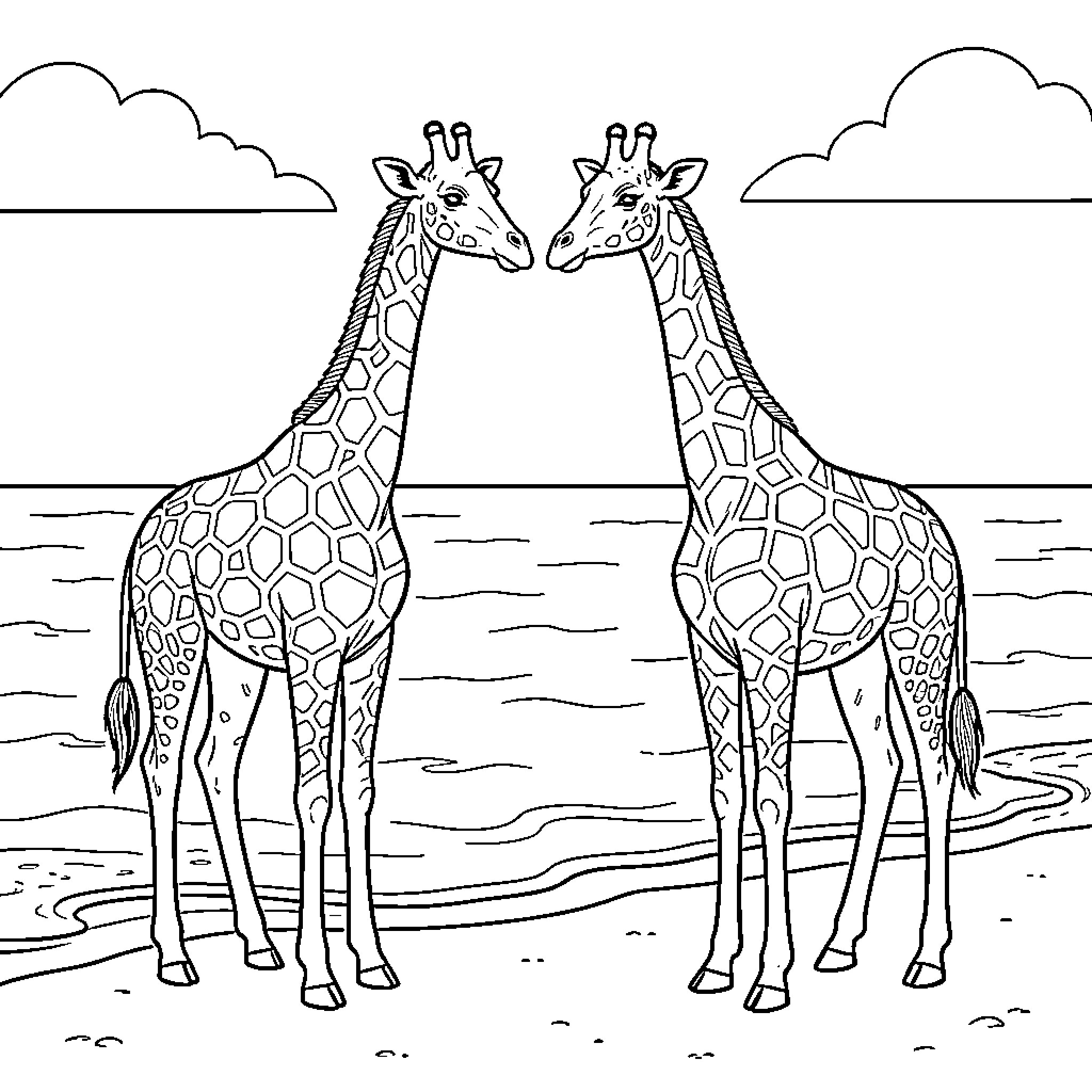 Giraffes standing together by the ocean waves Coloring Page (free black-and-white line drawing printable PDF for all, from beginners to advanced learners, including children, teens, adults, and seniors)
