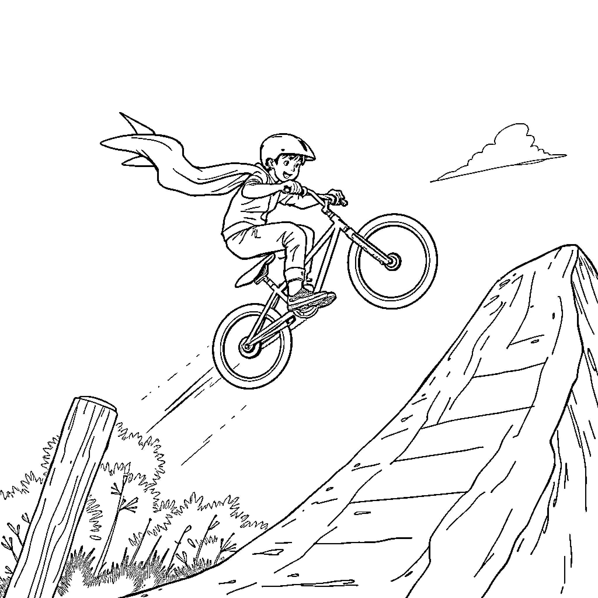 BMX rider performing jump over obstacle Coloring Page (free black-and-white line drawing printable PDF for all, from beginners to advanced learners, including children, teens, adults, and seniors)