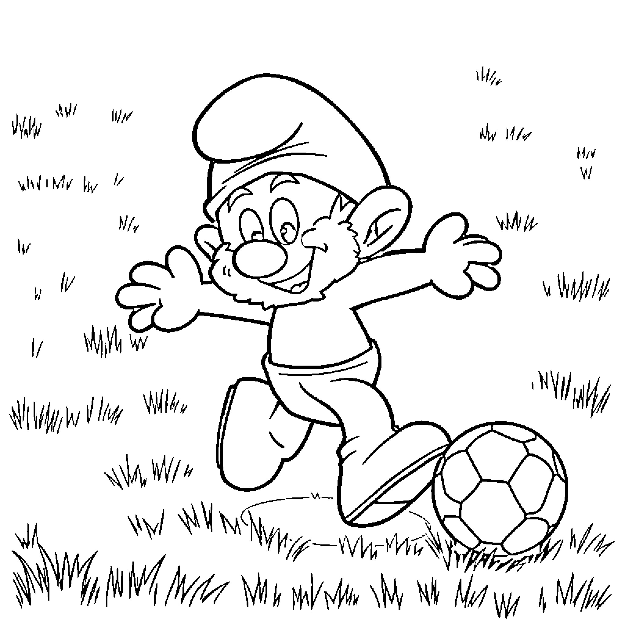 Smurf happily playing with soccer ball in the grass Coloring Page (free black-and-white line drawing printable PDF for all, from beginners to advanced learners, including children, teens, adults, and seniors)