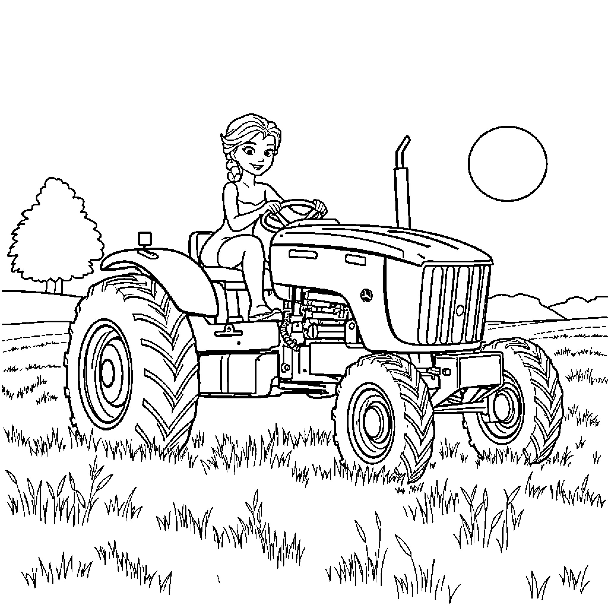 Elsa driving a tractor in a farm field Coloring Page (free black-and-white line drawing printable PDF for all, from beginners to advanced learners, including children, teens, adults, and seniors)