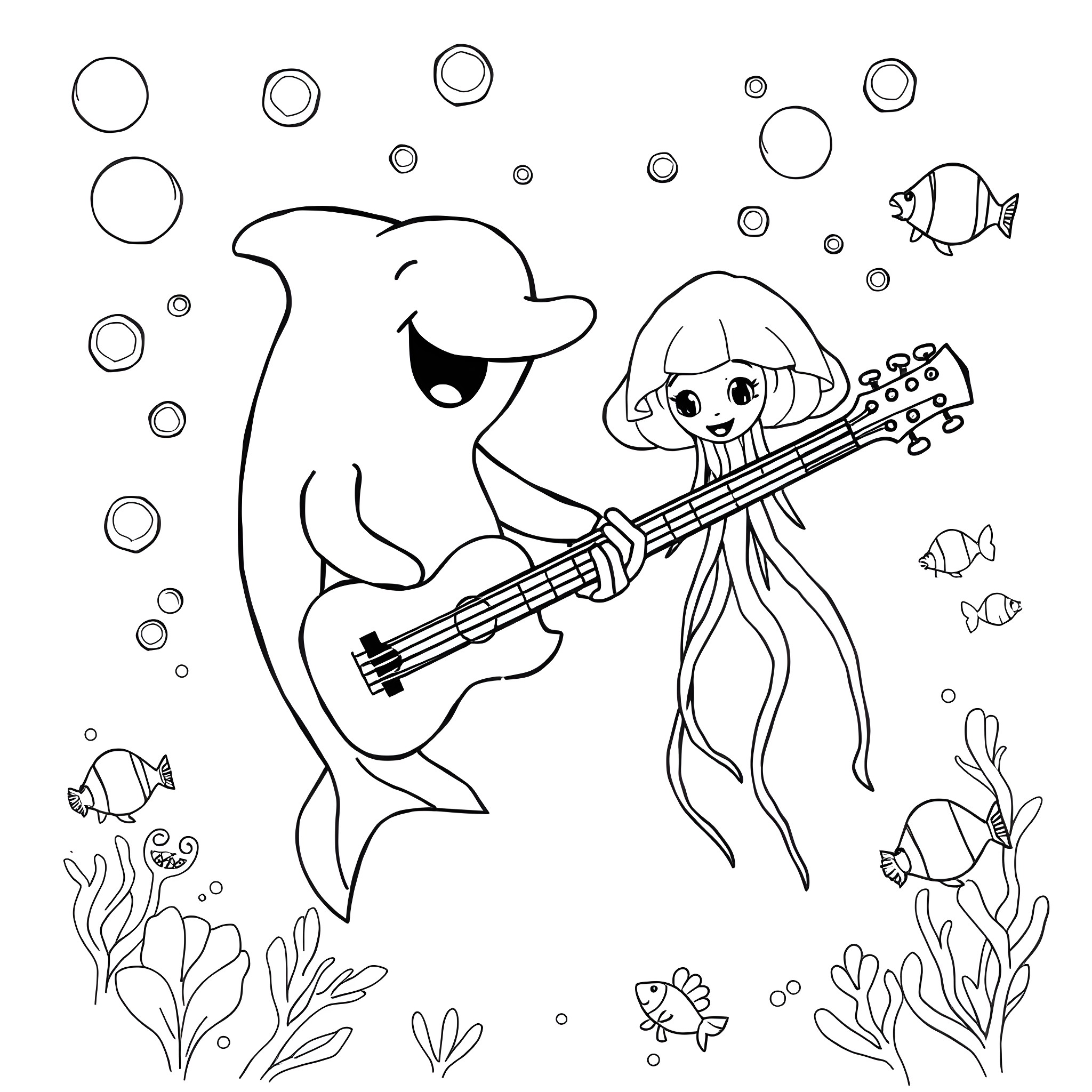Jellyfish playing music with dolphin in the ocean Coloring Page (free black-and-white line drawing printable PDF for all, from beginners to advanced learners, including children, teens, adults, and seniors)