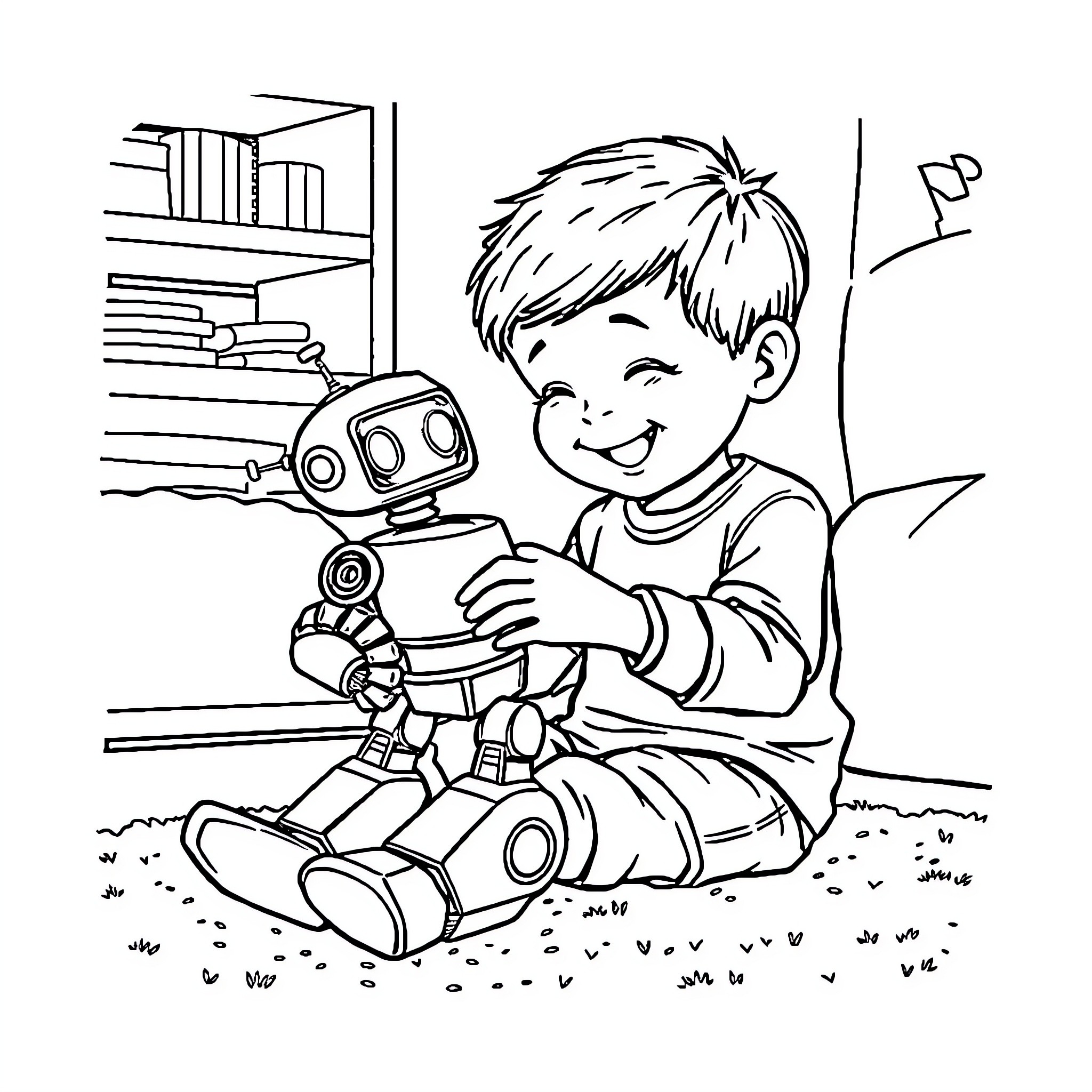 Boy playing joyfully with robot toy in room Coloring Page (free black-and-white line drawing printable PDF for all, from beginners to advanced learners, including children, teens, adults, and seniors)