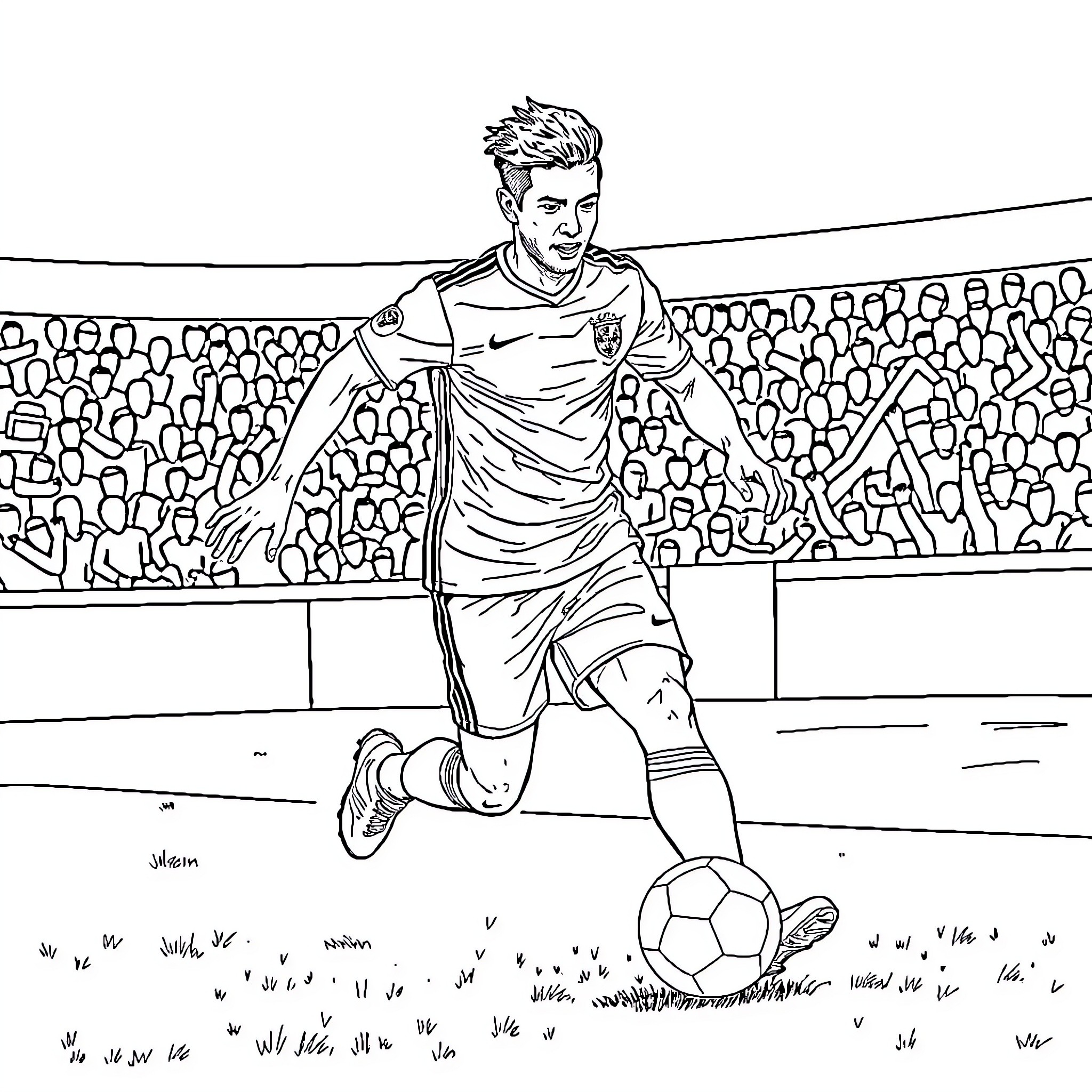 João Felix in action on the soccer field Coloring Page (free black-and-white line drawing printable PDF for all, from beginners to advanced learners, including children, teens, adults, and seniors)