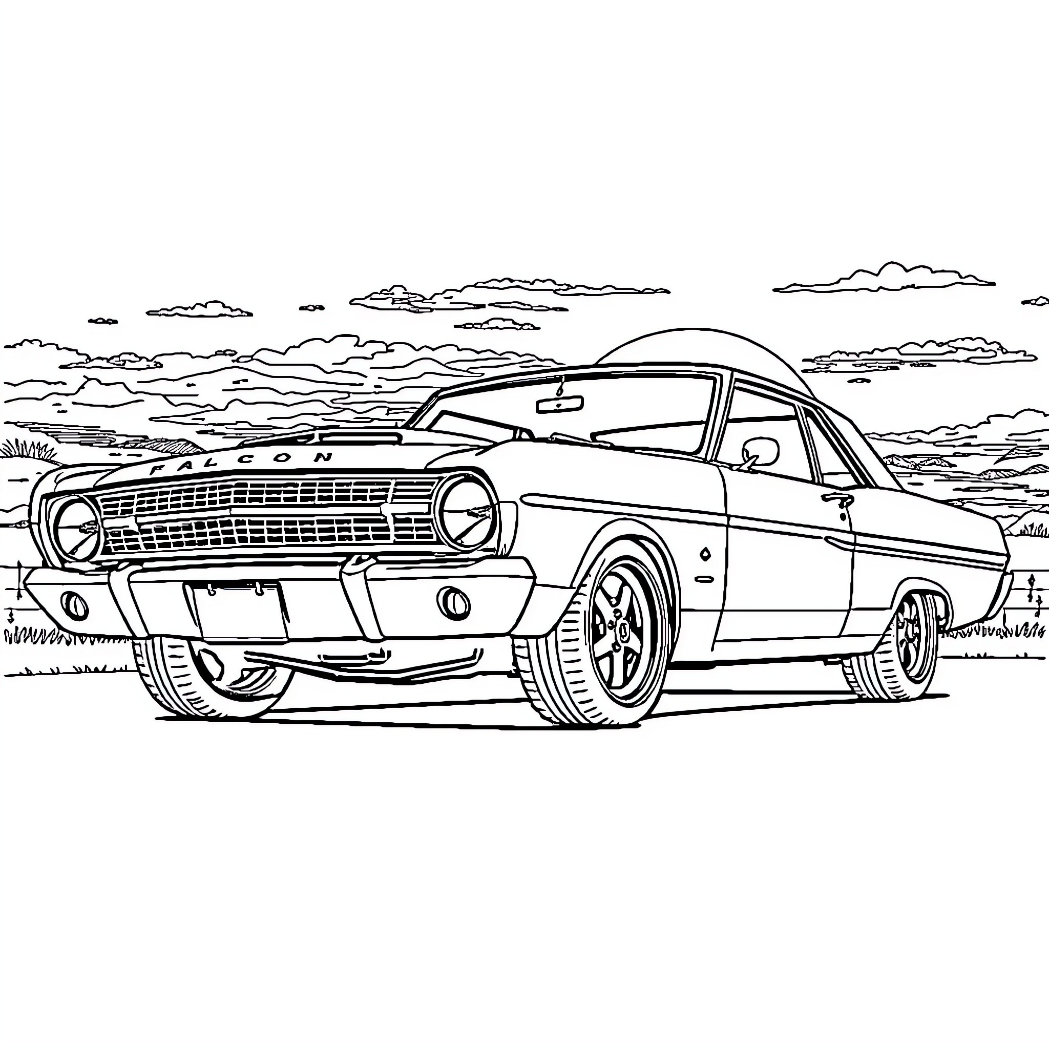 Ford Falcon racing in countryside landscape Coloring Page (free black-and-white line drawing printable PDF for all, from beginners to advanced learners, including children, teens, adults, and seniors)