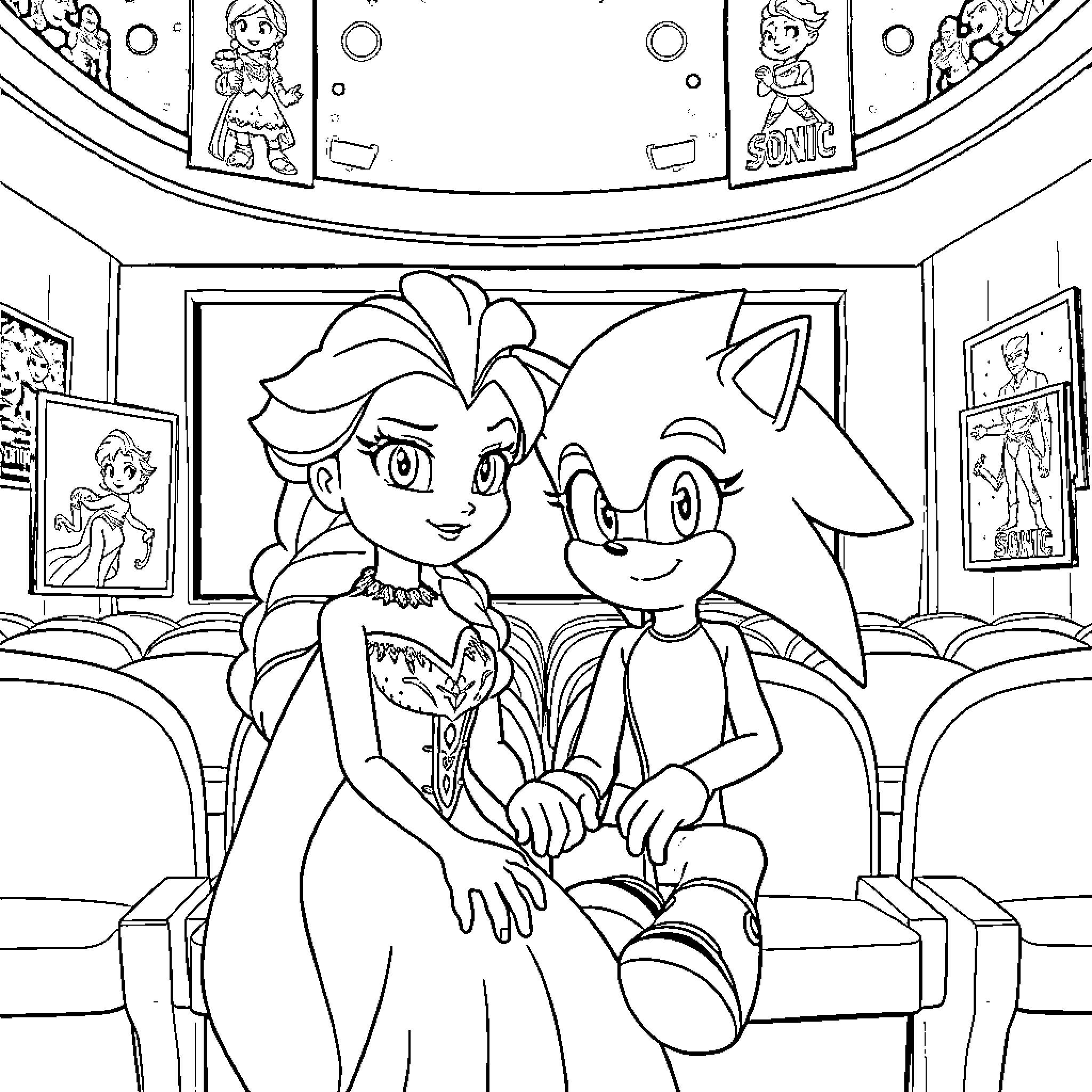 Elsa and Sonic enjoying a performance in the theater Coloring Page (free black-and-white line drawing printable PDF for all, from beginners to advanced learners, including children, teens, adults, and seniors)