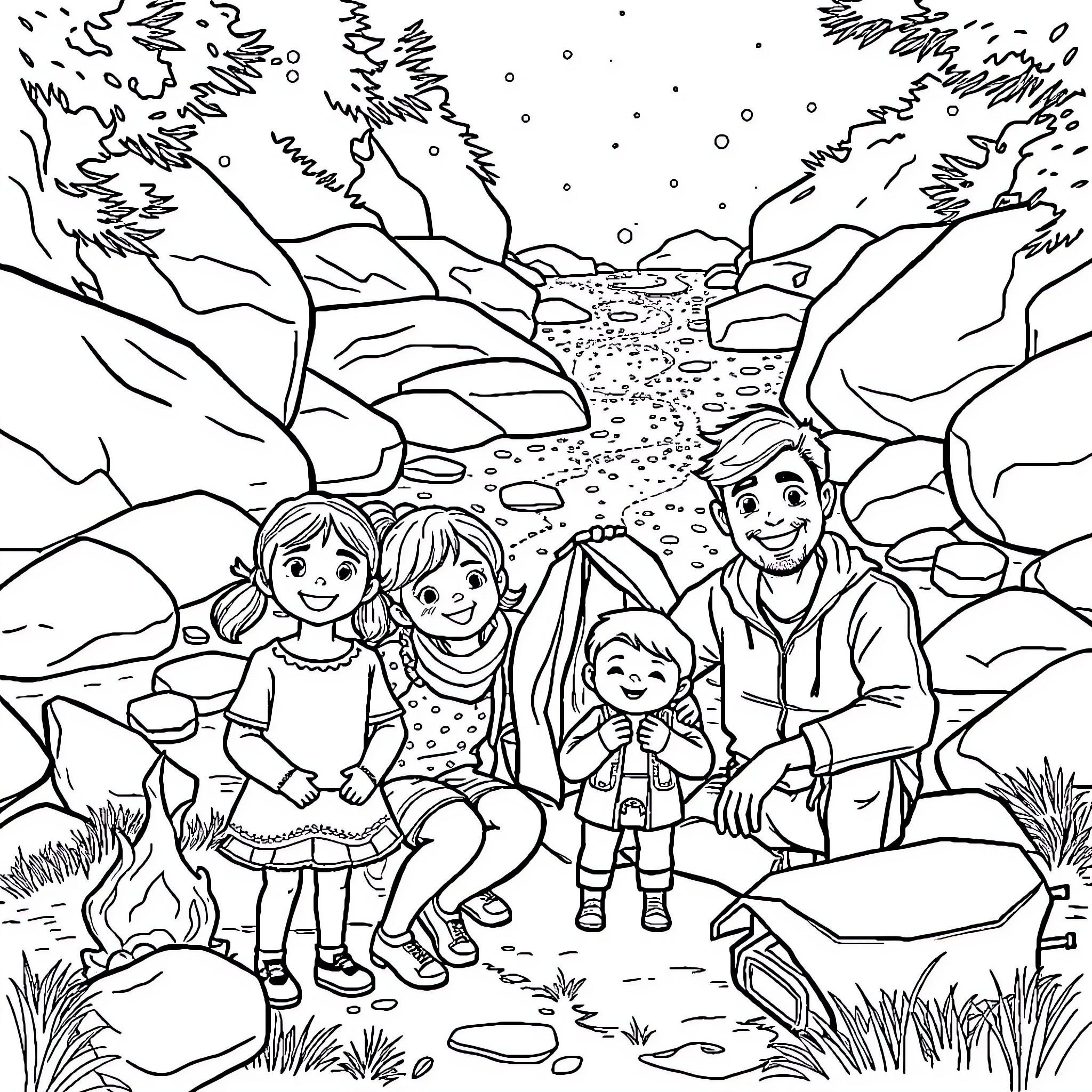 Family Enjoying Nature Outdoors Coloring Page (free black-and-white line drawing printable PDF for all, from beginners to advanced learners, including children, teens, adults, and seniors)
