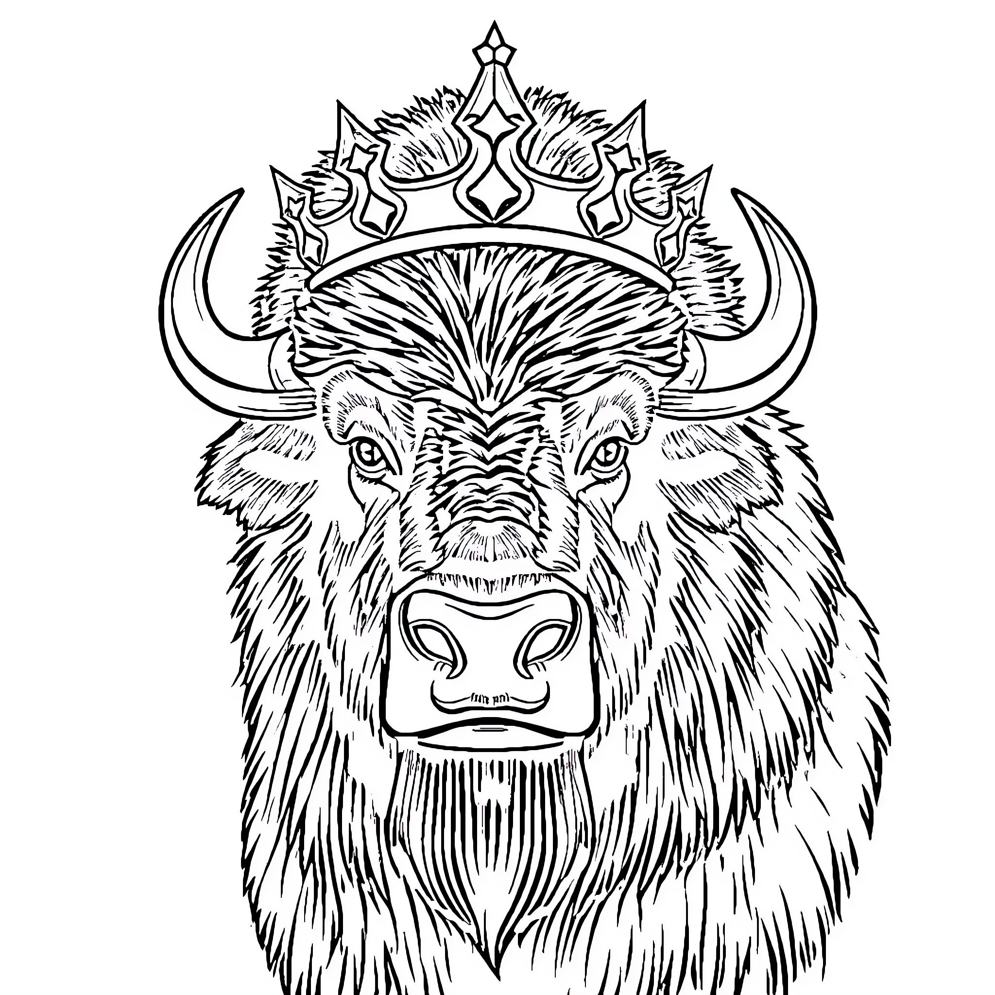 Bison with majestic crown Coloring Page (free black-and-white line drawing printable PDF for all, from beginners to advanced learners, including children, teens, adults, and seniors)