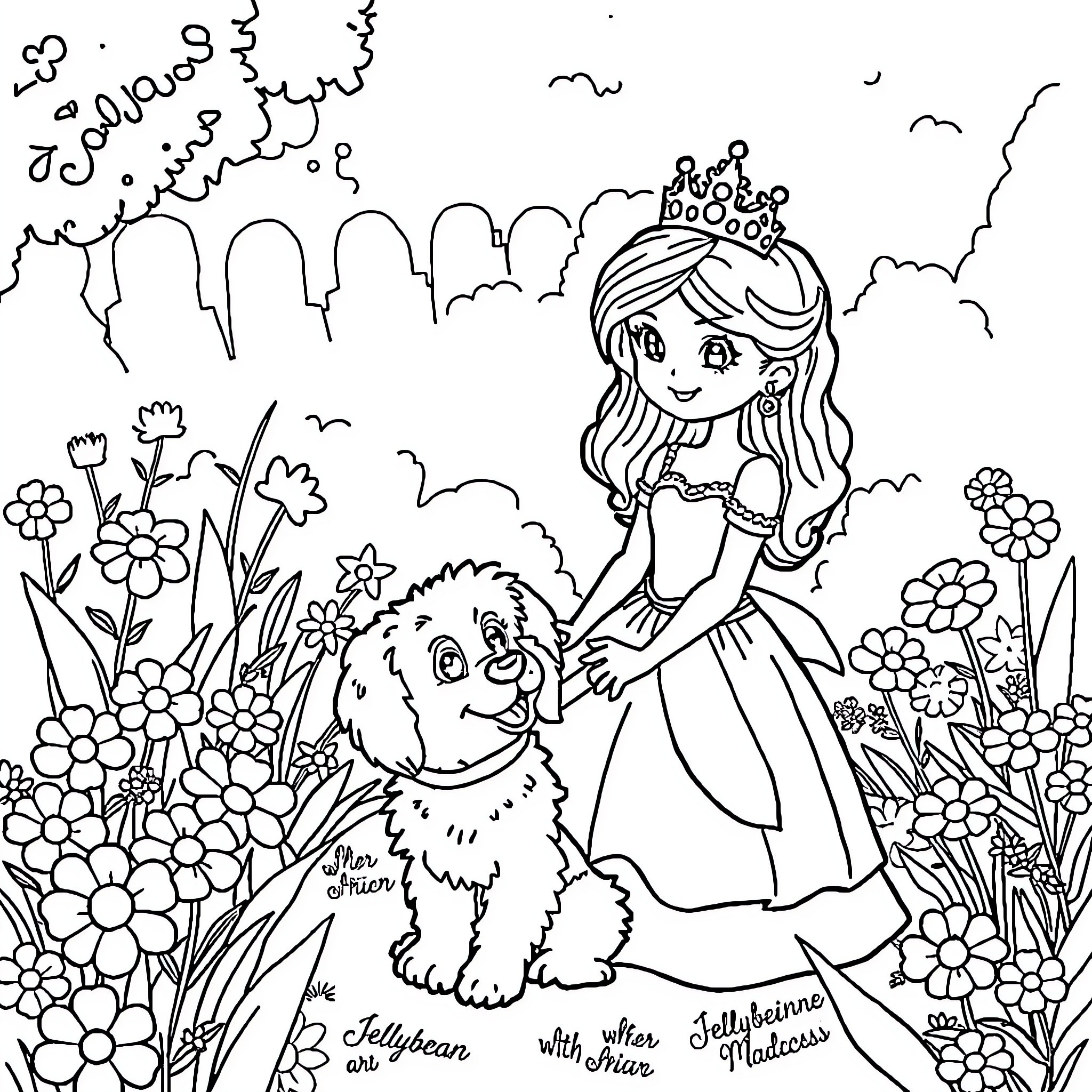 Princess with Her Adorable Companion in Blooming Garden Coloring Page (free black-and-white line drawing printable PDF for all, from beginners to advanced learners, including children, teens, adults, and seniors)